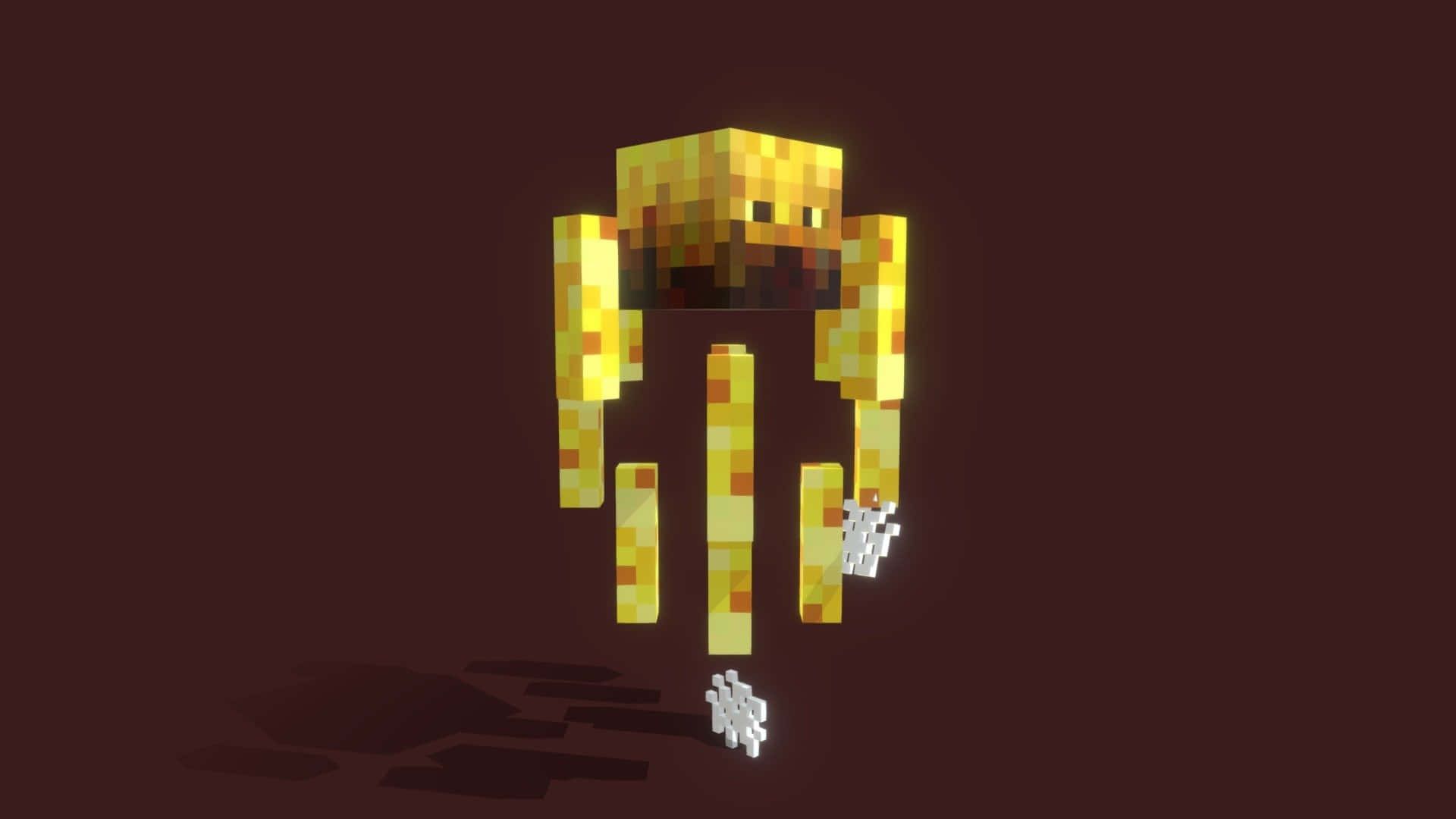 Minecraft Blaze 桌布 壁紙 — 一個發光的金色像素生物，有鬍鬚和白色像素手，漂浮在深栗色背景上。