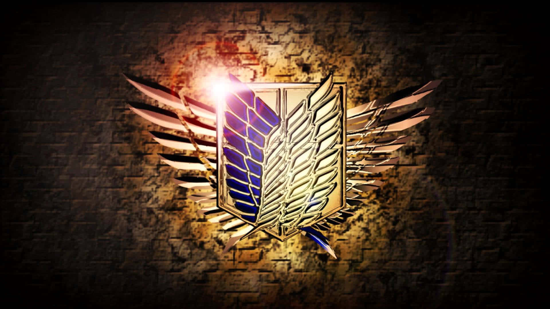 Aot Wings Of Freedom 桌布 壁紙 — 一個發光的金色和藍色有翼盾牌徽章在紋理磚牆背景下散發光芒。