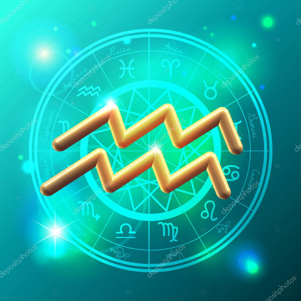 星座 桌布 壁紙 — 一個發光的金色水瓶座星座符號，位於半透明的占星輪中央，背景是充滿活力的藍綠色漸變，帶有閃爍的光效。