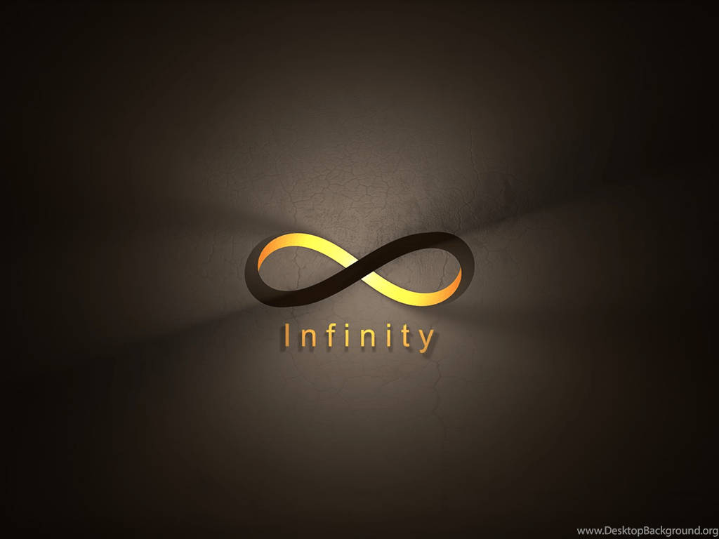 3D 桌布 壁紙 — 一個發光的金色無限符號，下方有「Infinity」字樣，在深色紋理牆壁上照亮。