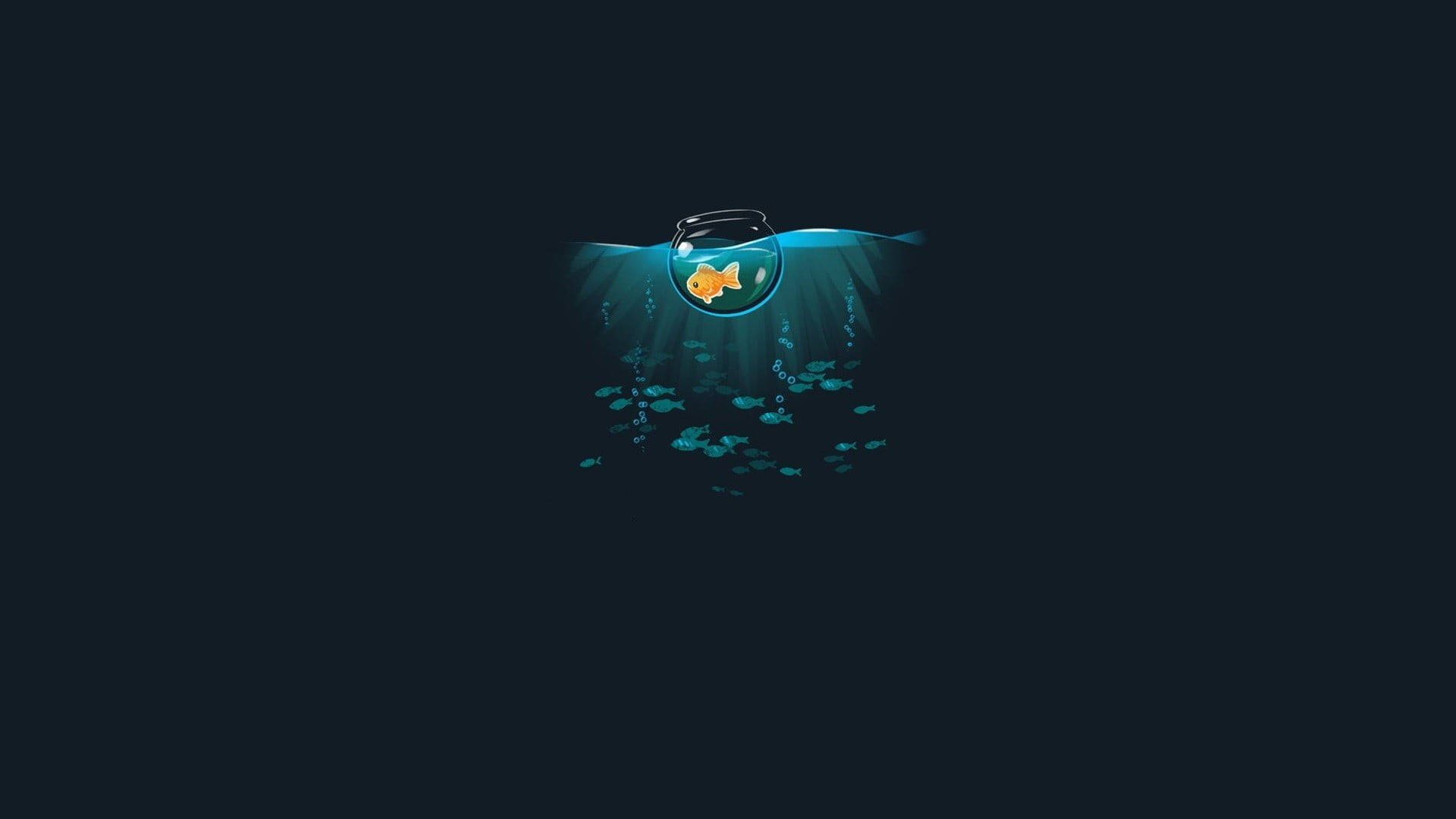 魚 桌布 壁紙 — 一個發光的金魚缸漂浮在水底，氣泡上升，一群小魚在深藍色下方游動。