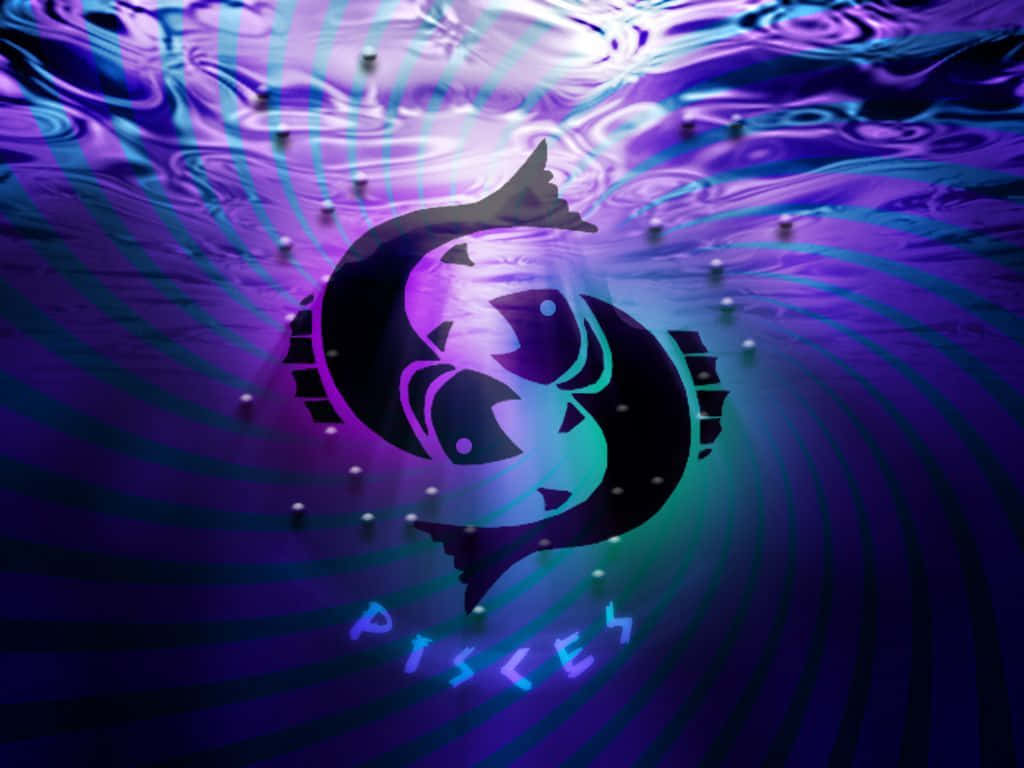 雙魚座 桌布 壁紙 — 一個發光的雙魚座星座符號在旋轉的紫色和藍綠色液體漩渦中游動，伴隨著漂浮的球體。