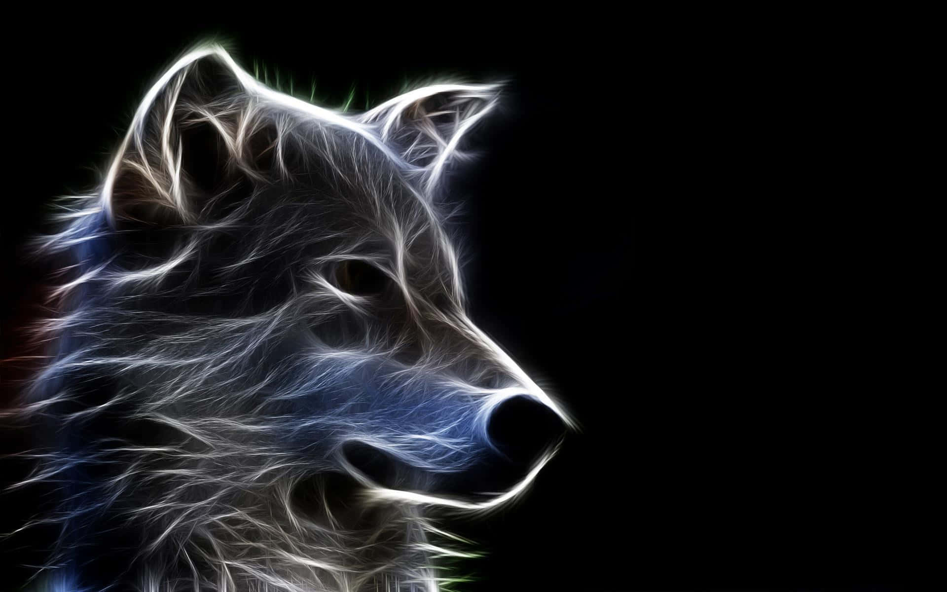 Wolf Art 桌布 壁紙 — 一個發光的電光藍色狼頭側面，背景為黑色，帶有霓虹色髮絲。