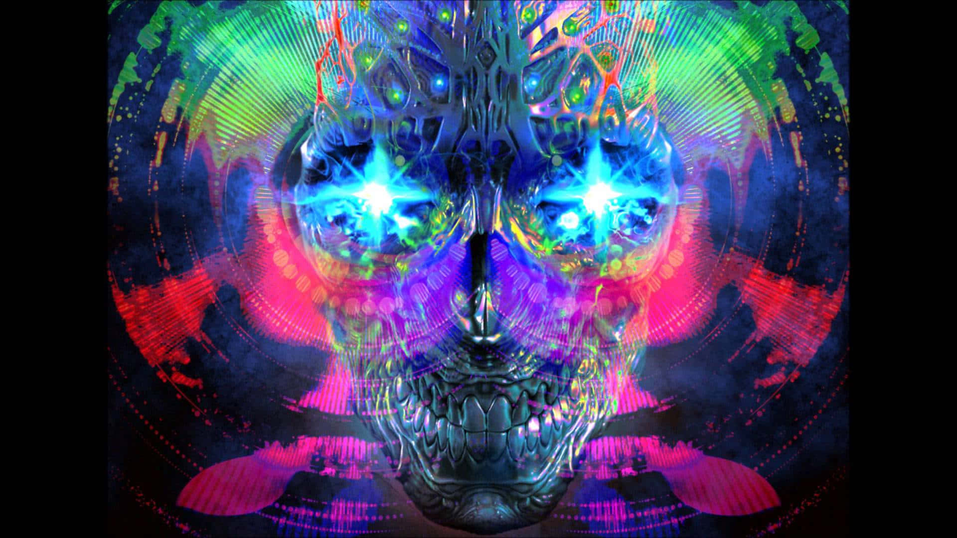dmt 桌布 壁紙 — 一個發光的電子頭骨，帶有霓虹藍眼睛，在綠色、粉紅色和紫色的旋轉數位漩渦中散發出電能。