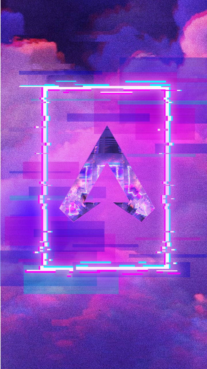 Logo 桌布 壁紙 — 一個發光的霓虹三角形，鑲嵌在故障數位線條中，背景是夢幻的紫色和粉紅色天空。