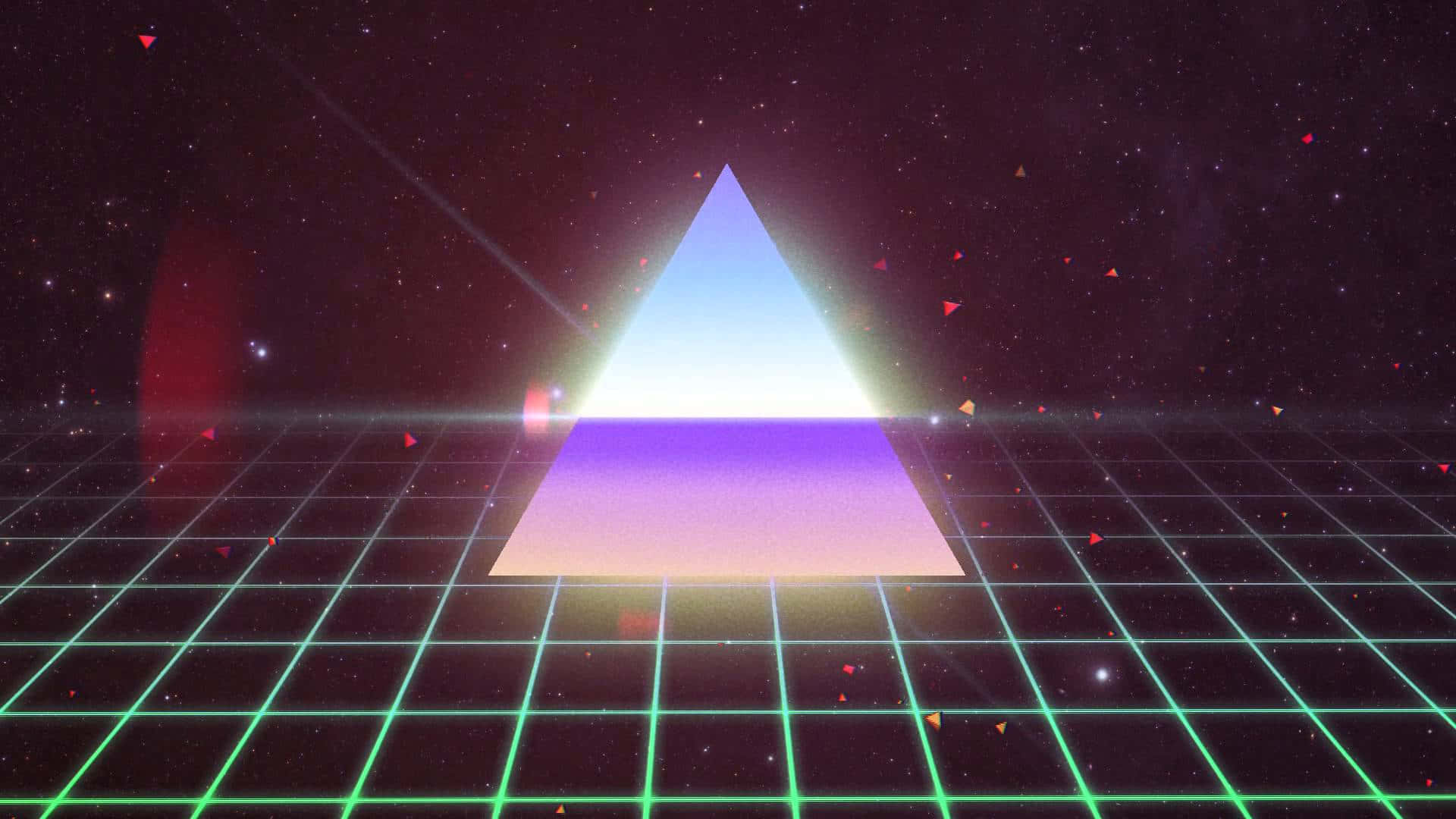 80s Retro 桌布 壁紙 — 一個發光的霓虹三角形立在綠色網格上，背景是星空宇宙，並有漂浮的紅色三角形。