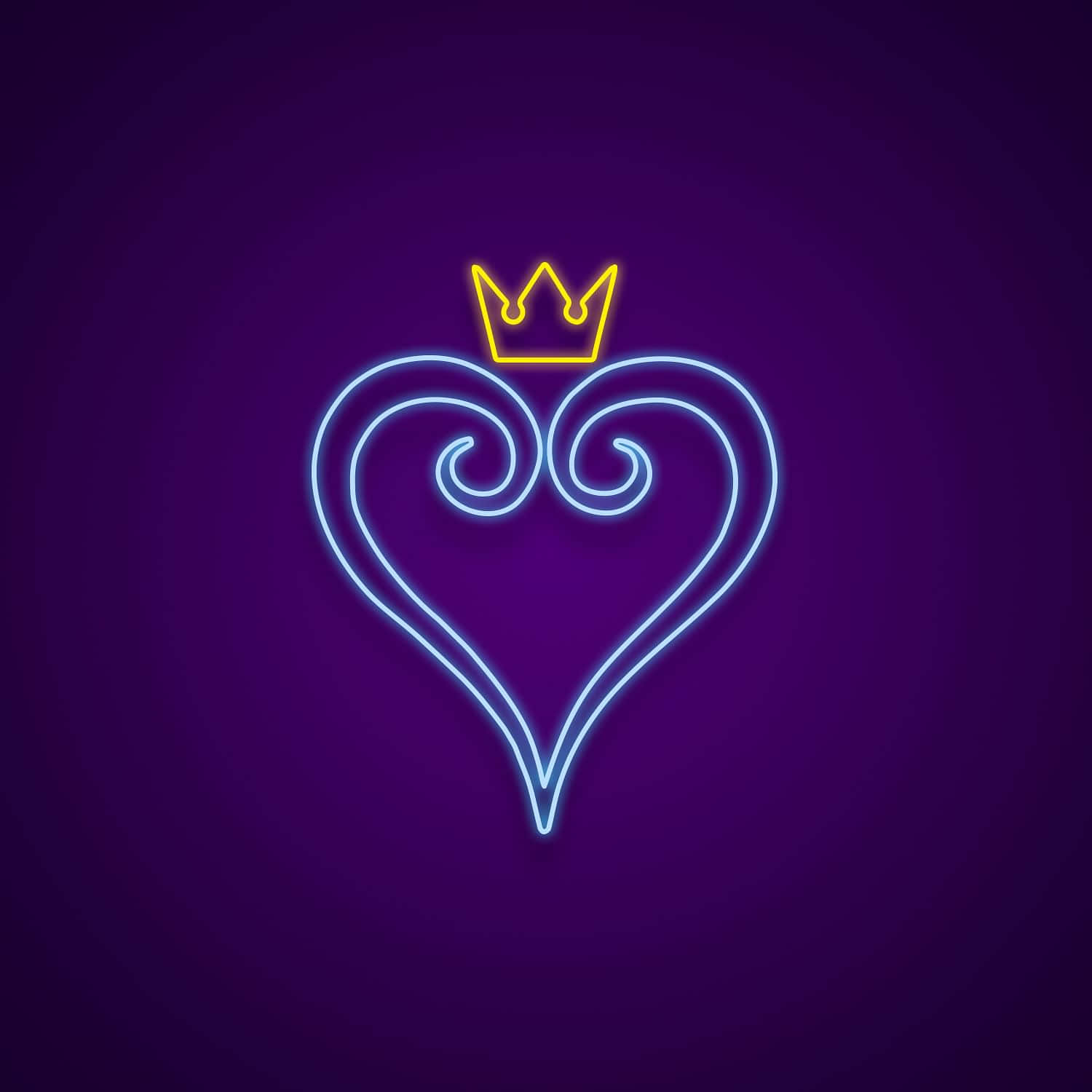Kingdom Hearts 桌布 壁紙 — 一個發光的霓虹心形，頂部有皇冠，在深紫色背景上明亮地閃耀。