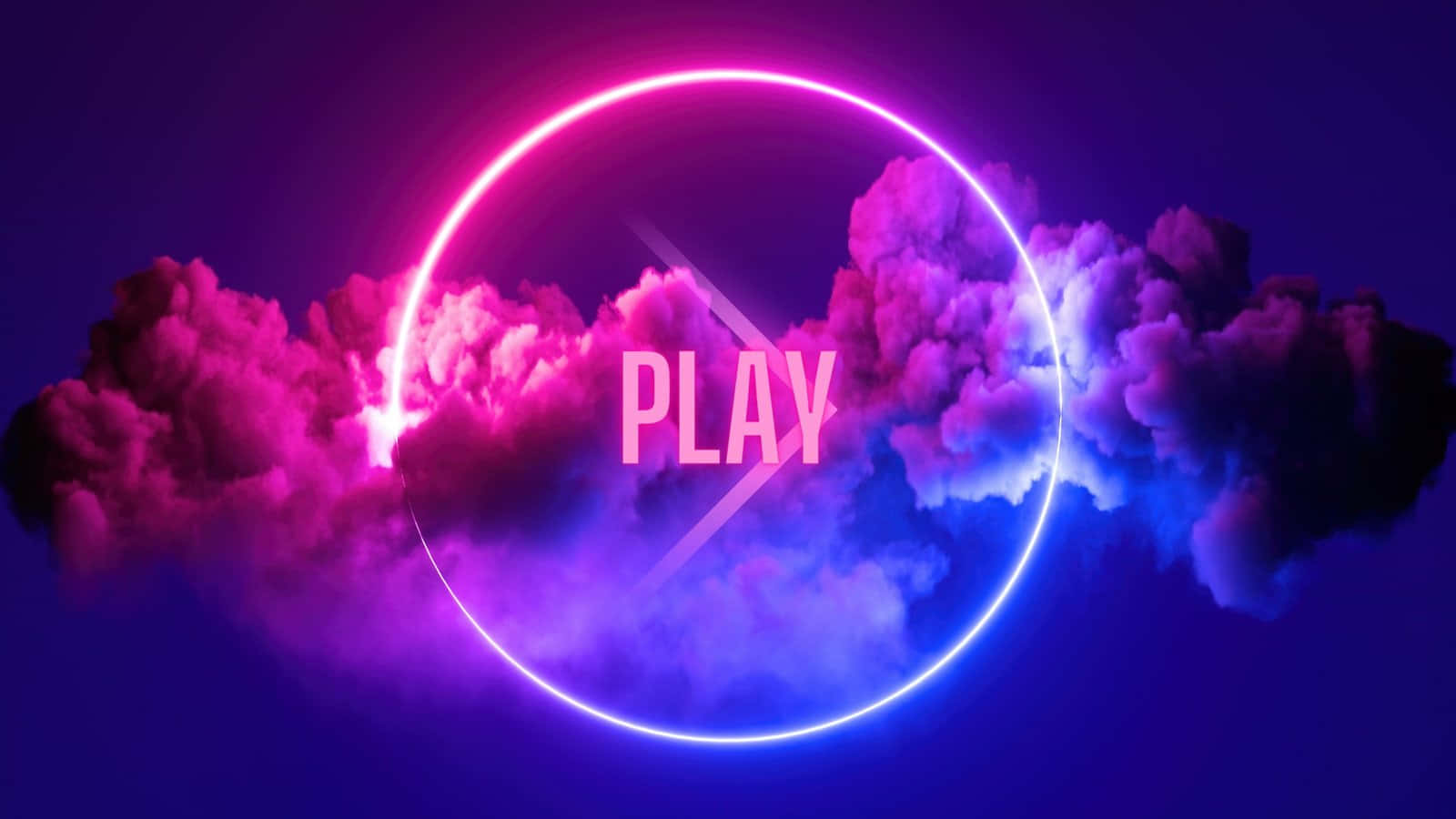 Gamer 桌布 壁紙 — 一個發光的霓虹燈圓圈框住「PLAY」字樣，周圍是鮮豔的粉紅色和藍色雲朵，背景為黑暗的天空。