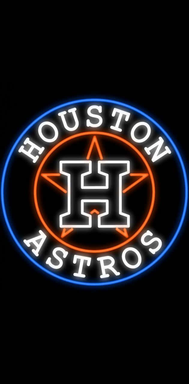 Astros 桌布 壁紙 — 一個發光的霓虹燈牌在黑色背景上以藍色和橙色燈光顯示侯斯頓太空人隊標誌。