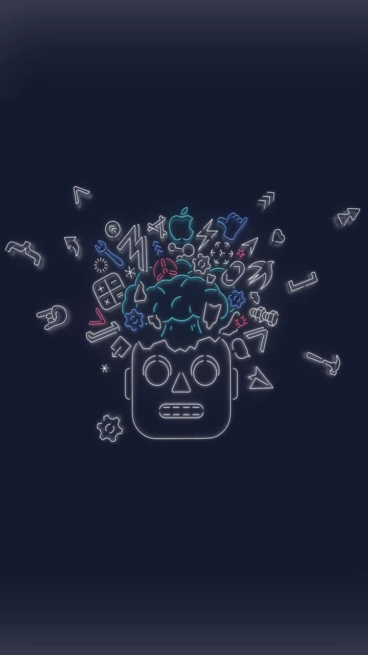 Mind-blowing 桌布 壁紙 — 一個發光的霓虹燈輪廓機器人頭部，大腦向外爆炸成色彩繽紛的科技符號，背景為深藍色。