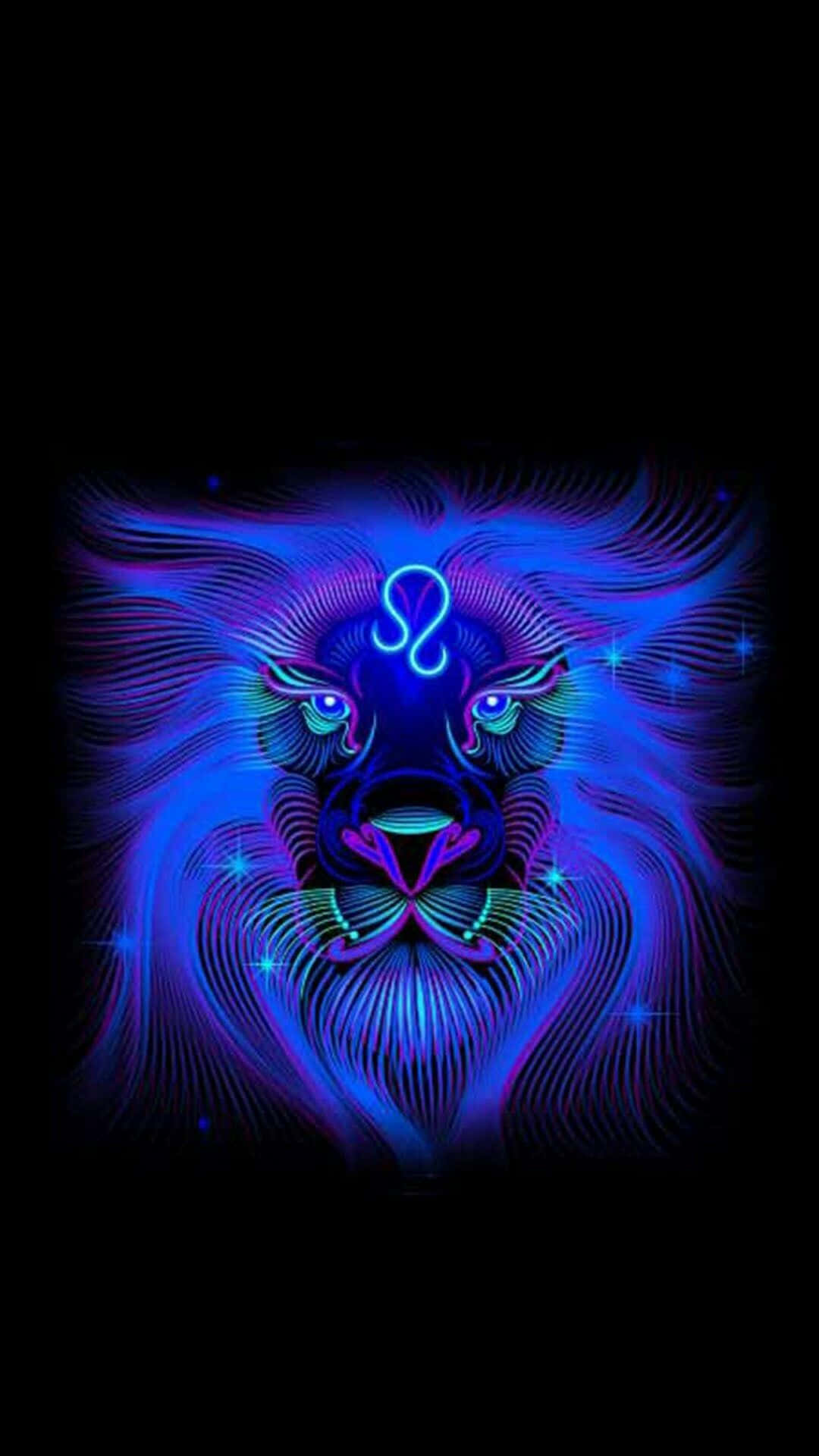 獅子 桌布 壁紙 — 一個發光的霓虹藍色獅子頭，眼睛上方有星座符號，在帶有閃爍星星的黑色背景上散發光芒。