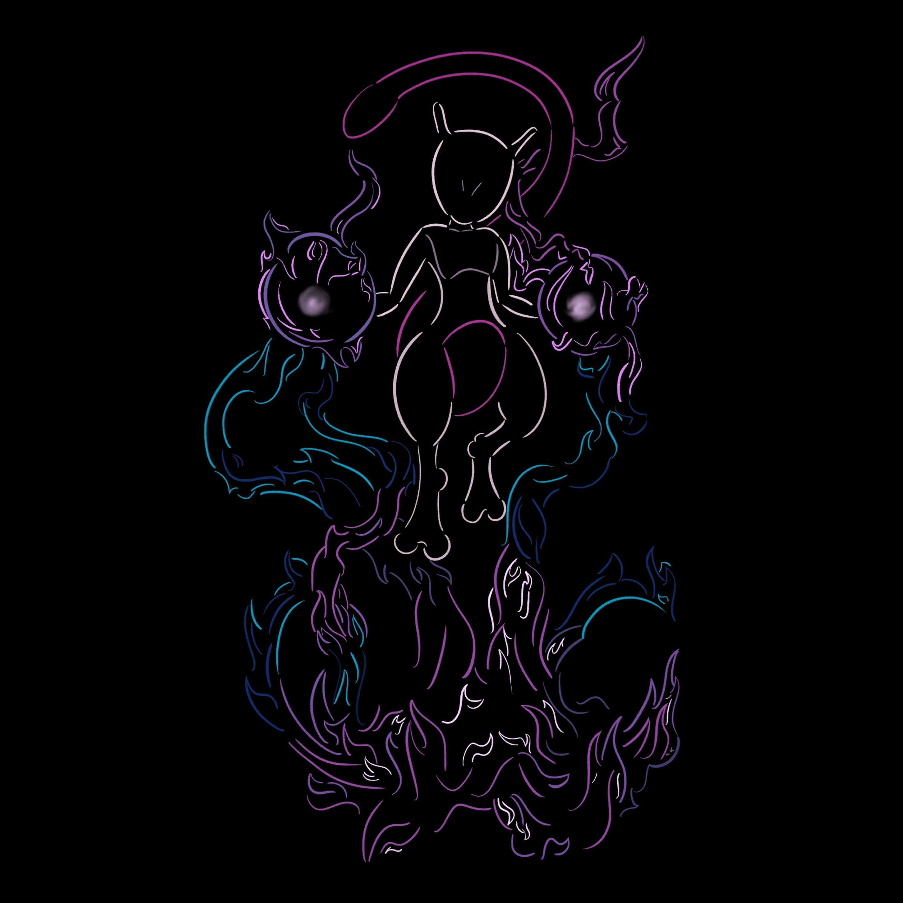 超夢夢 桌布 壁紙 — 一個發光的霓虹輪廓，描繪出一個風格化的貓科生物，帶有旋轉的紫色和藍色能量，背景為黑色。