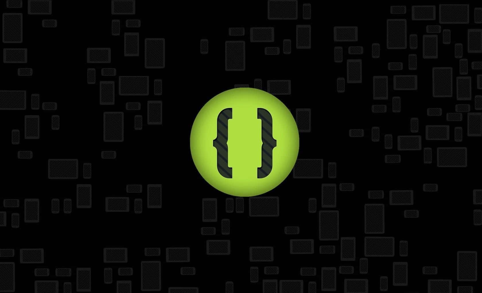 Android Computer 桌布 壁紙 — 一個發光的青檸綠色圓圈，帶有黑色大括號，漂浮在散落著灰色矩形的黑色背景上。