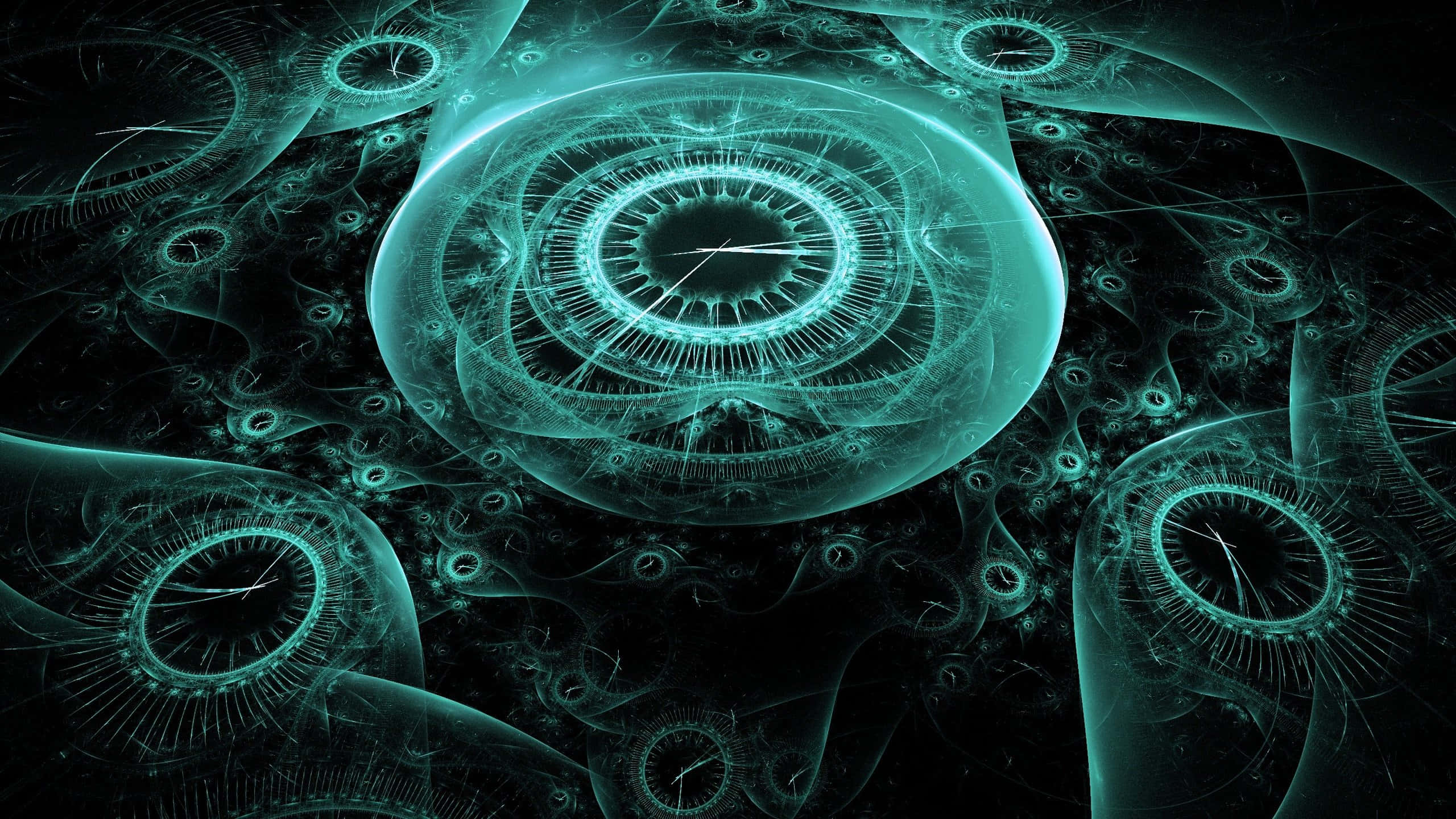 Time 桌布 壁紙 — 一個發光的青綠色分形時鐘在黑暗虛空中漂浮，周圍環繞著旋轉的數位圖案。