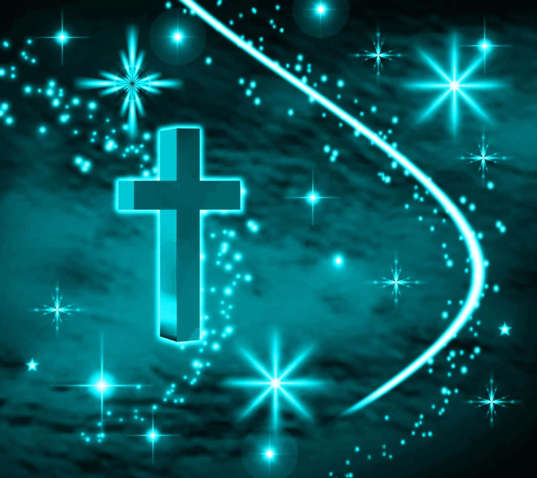 Cool Cross 桌布 壁紙 — 一個發光的青綠色十字架在星星和彎曲天體軌跡的宇宙背景下散發光芒。
