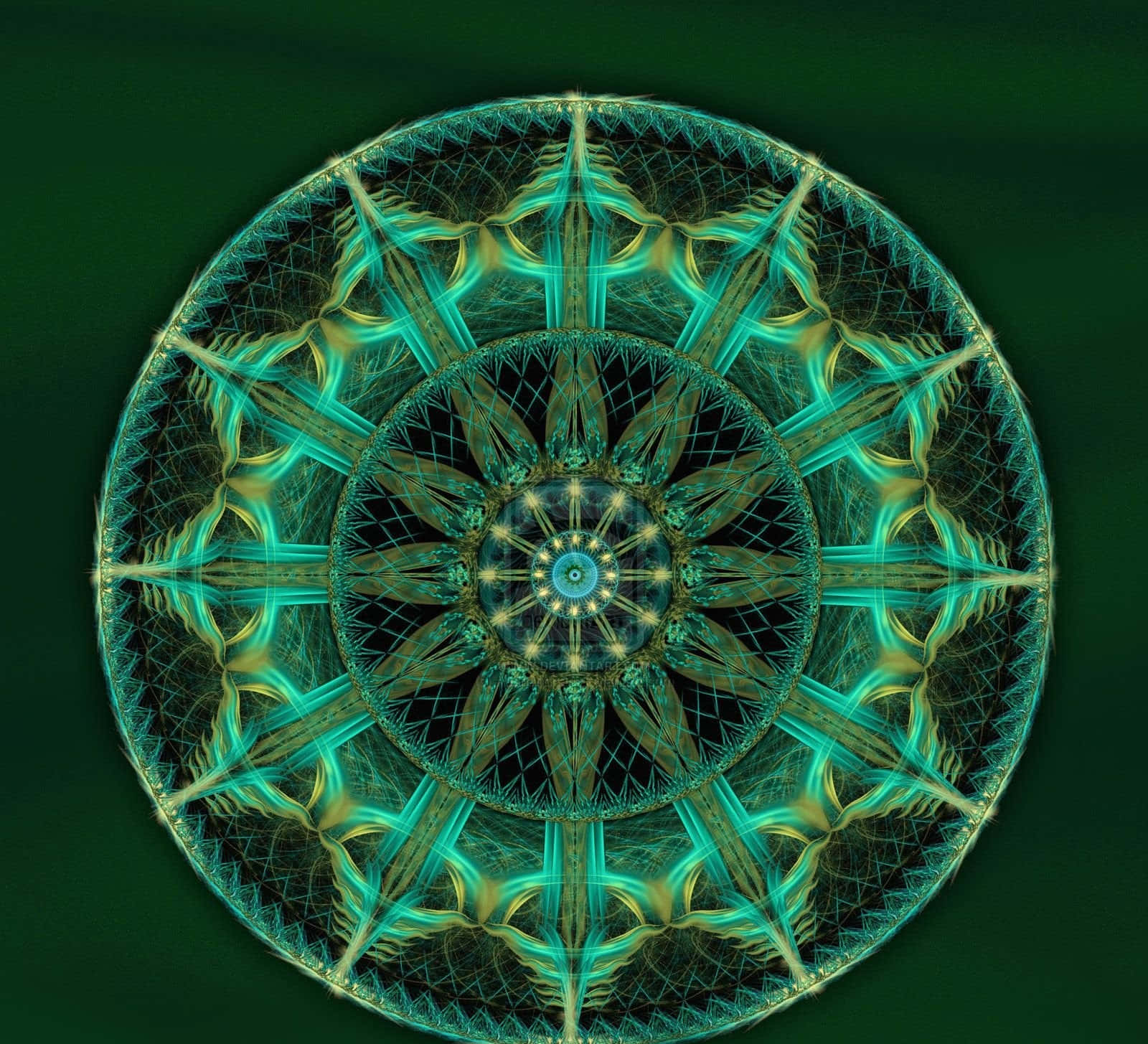 chakra 桌布 壁紙 — 一個發光的青綠色和金色分形曼陀羅在深綠色背景上散發出複雜的幾何圖案。