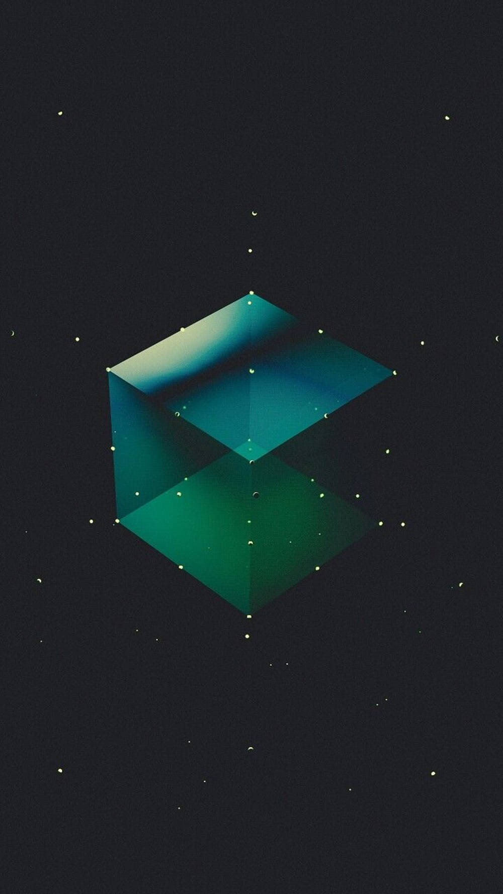 3D 桌布 壁紙 — 一個發光的青綠色幾何立方體漂浮在帶有柔和漸變照明的星空黑暗背景上。