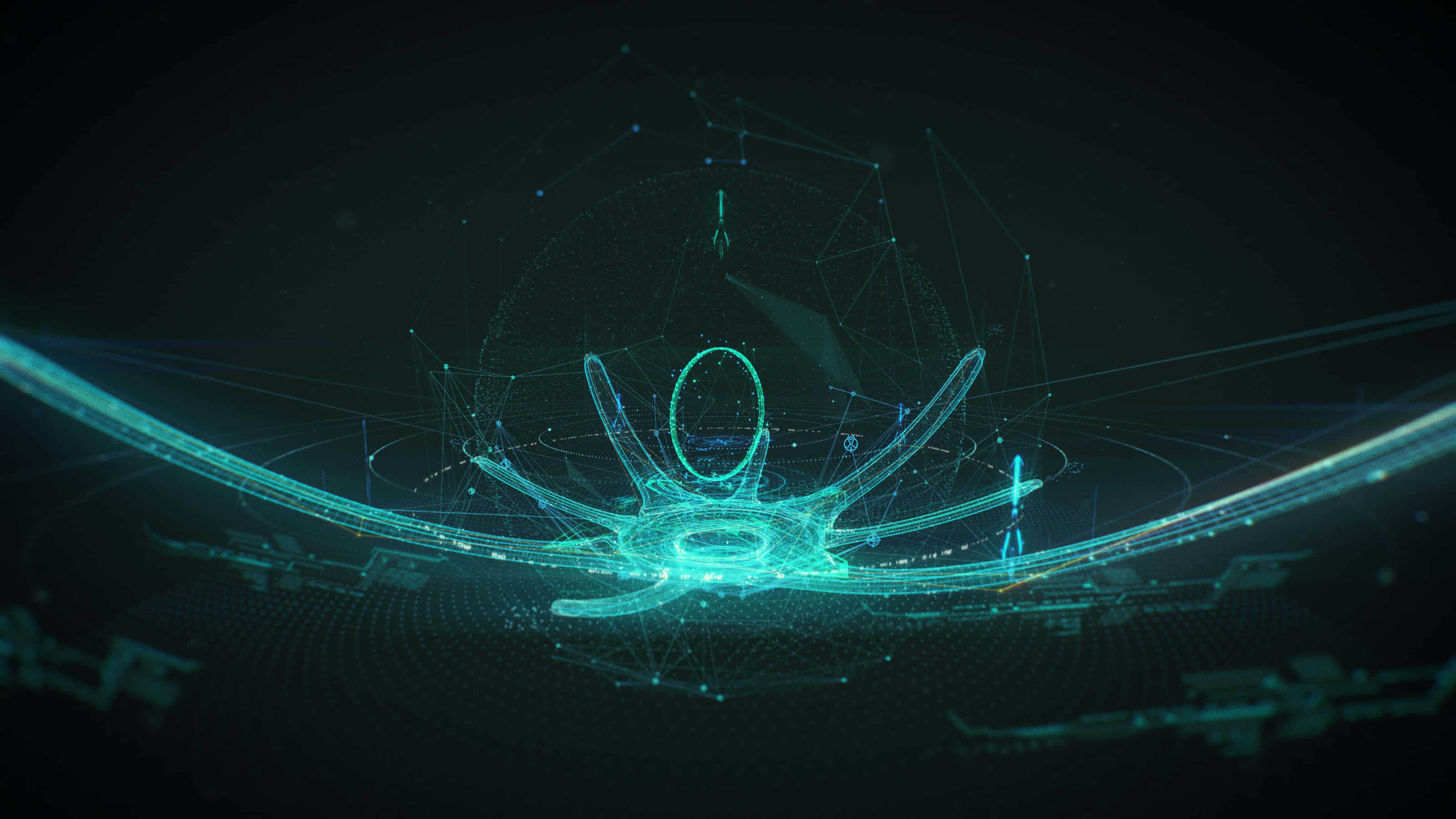 Halo Ark 桌布 壁紙 — 一個發光的青綠色數碼網絡結構在黑暗背景上脈動著光芒。
