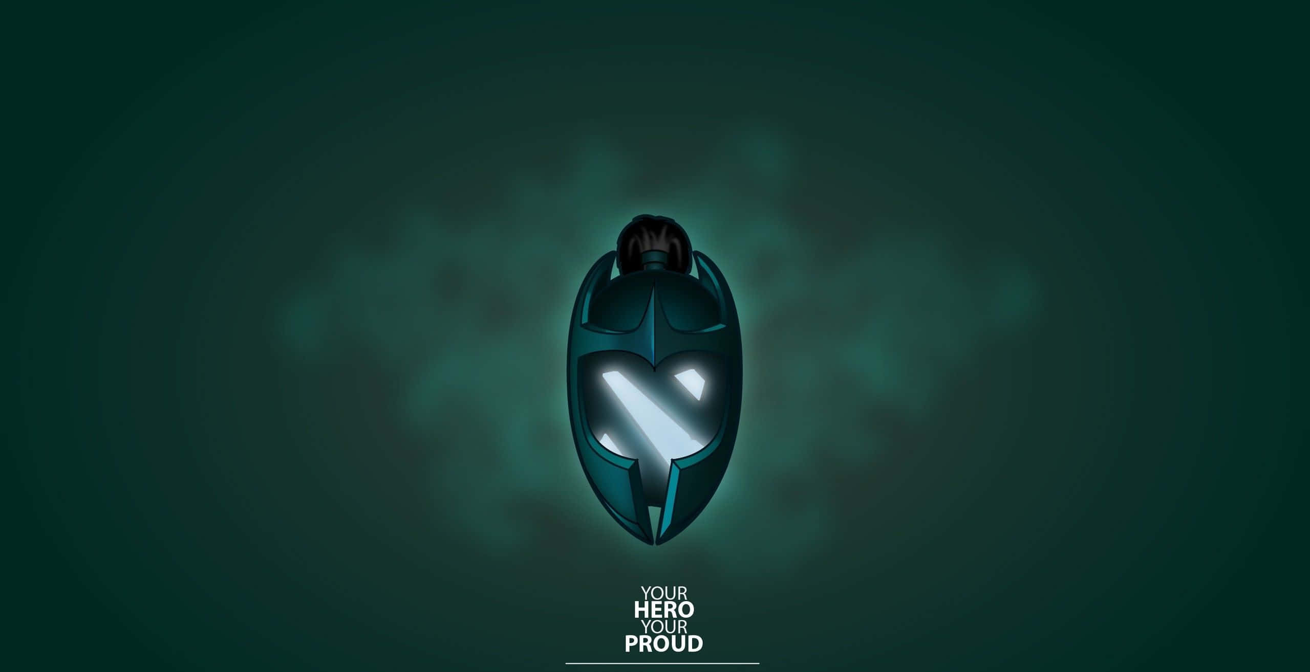 Phantom Assassin 桌布 壁紙 — 一個發光的青綠色頭盔，帶有心形面罩，漂浮在黑暗迷霧的綠色空間中，下方有文字。