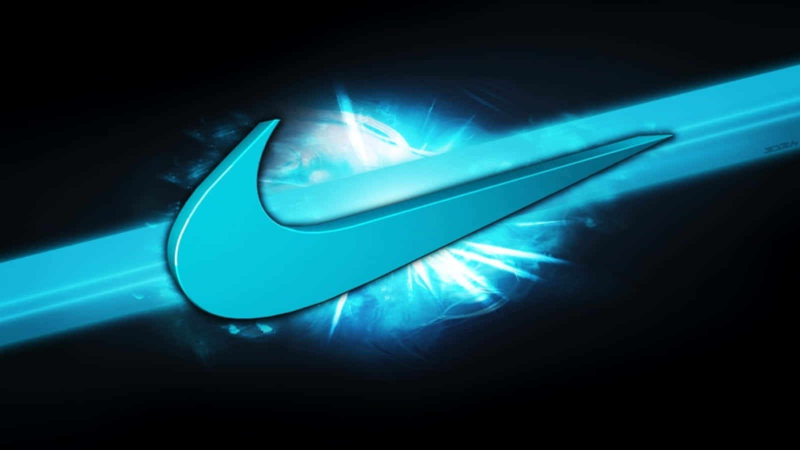 Blue Nike 桌布 壁紙 — 一個發光的青色Nike勾號在黑暗背景上散發出電光藍色光芒，並伴有動態能量爆發。