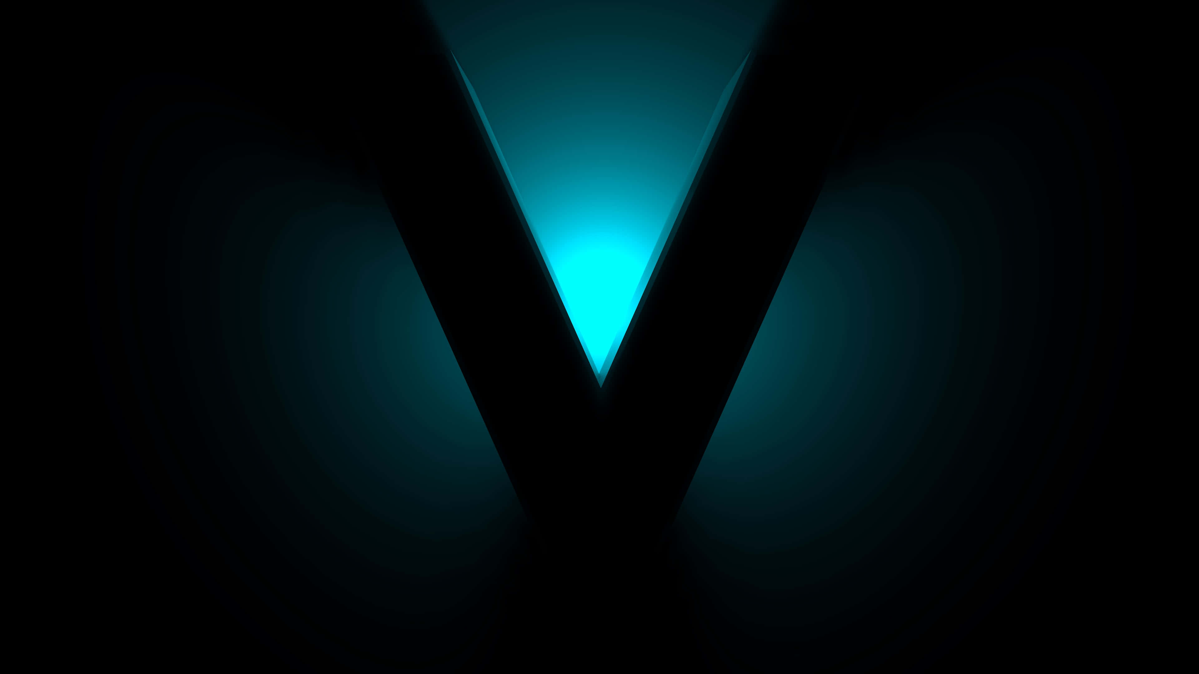 Dark Teal 桌布 壁紙 — 一個發光的青色V形在深黑色背景上散發光芒，帶有柔和的漸變光暈。
