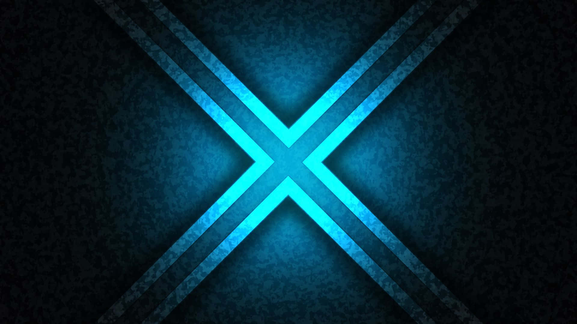 X 桌布 壁紙 — 一個發光的青色X形光圖案在深色紋理藍色背景上放射。