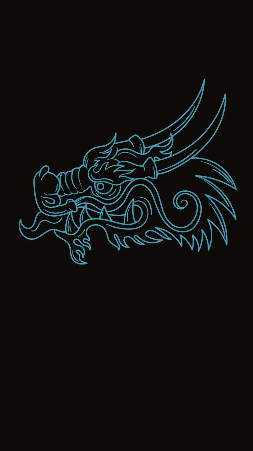 Blue Dragon 桌布 壁紙 — 一個發光的青色線條藝術龍頭，帶有鋒利的角和飄逸的鬃毛，背景為純黑色。
