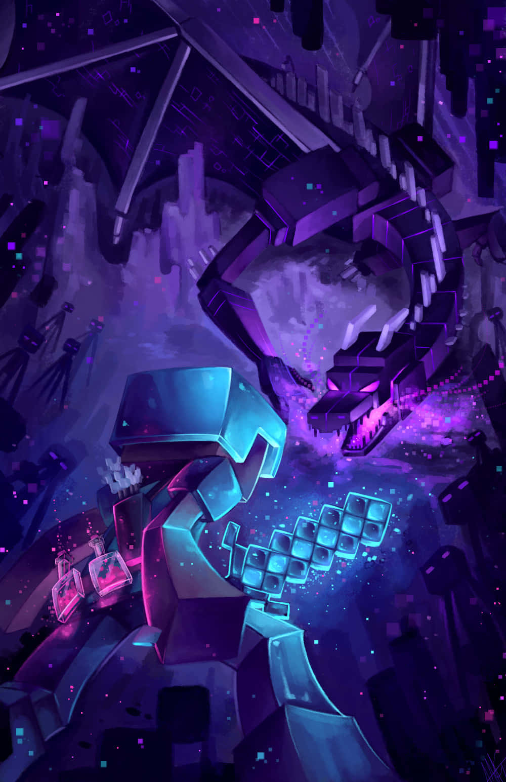 Minecraft Fan Art 桌布 壁紙 — 一個發光的青色裝甲人物，在破碎的數碼廢墟中，挑釁地站在一隻巨大的紫色機械龍面前。