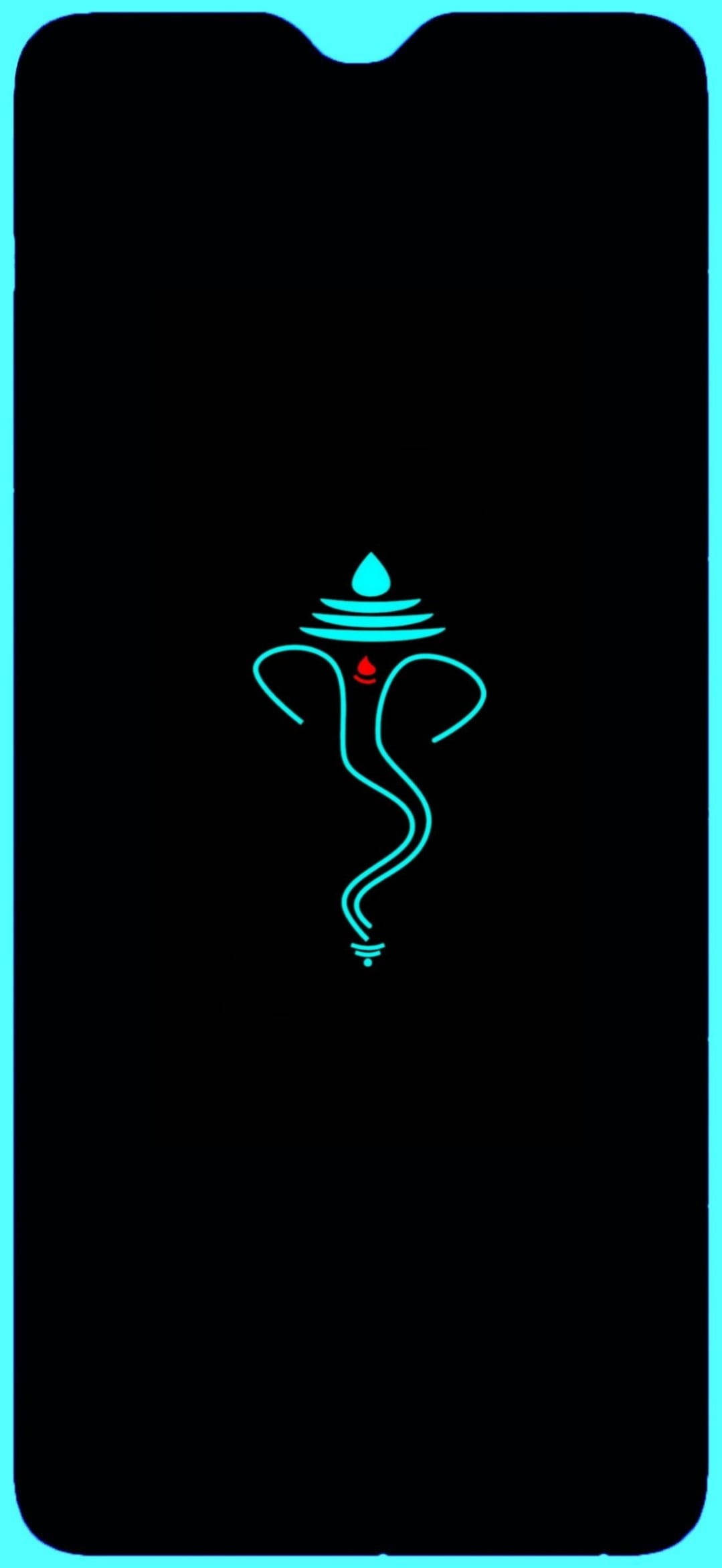 hindu iPhone 桌布 壁紙 — 一個發光的青色霓虹輪廓的象神，居中在黑色手機屏幕上，帶有青色邊框。