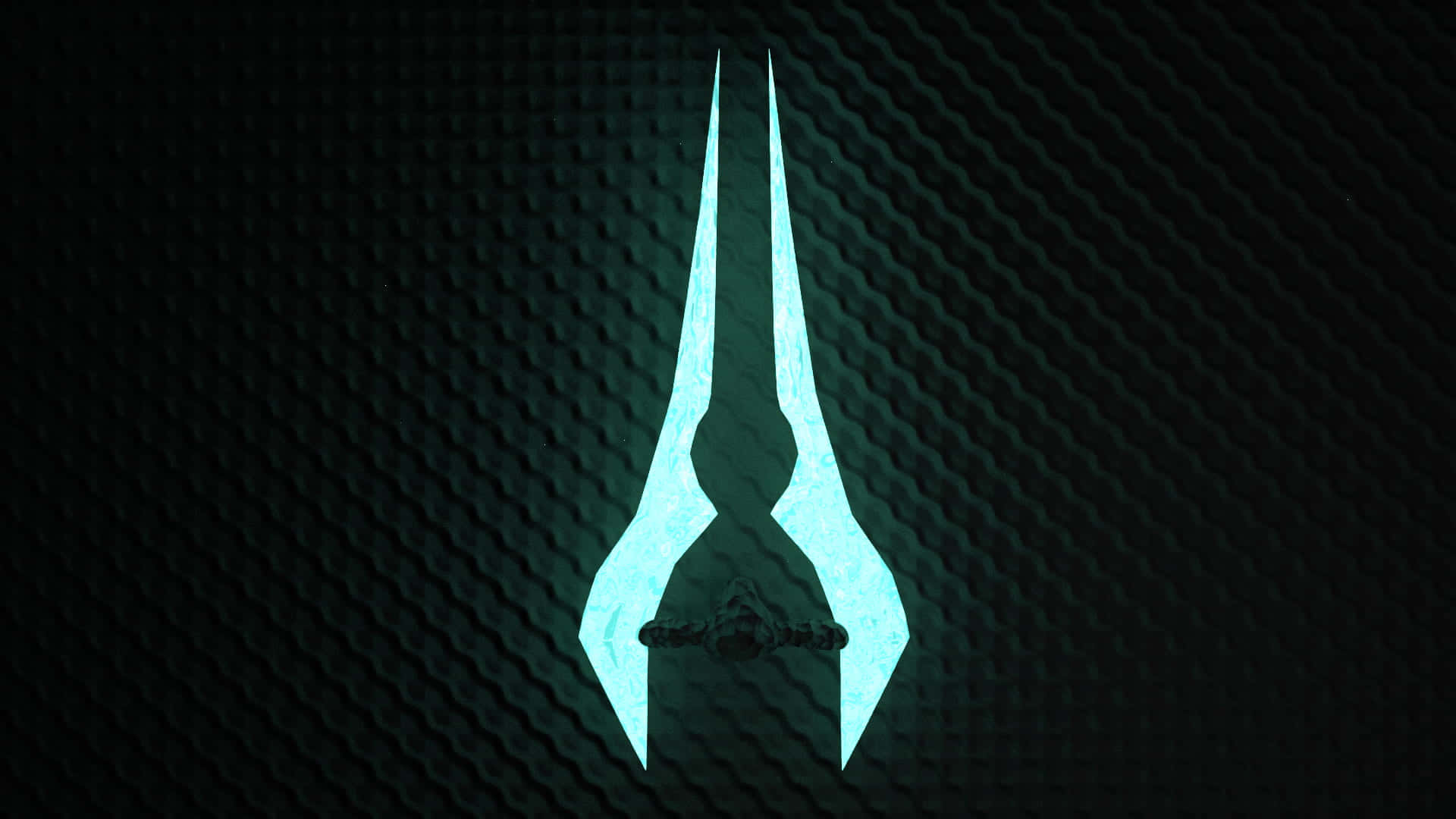 Halo Energy Sword 桌布 壁紙 — 一個發光的青色風格化劍徽章在深色紋理碳纖維背景上散發光芒。