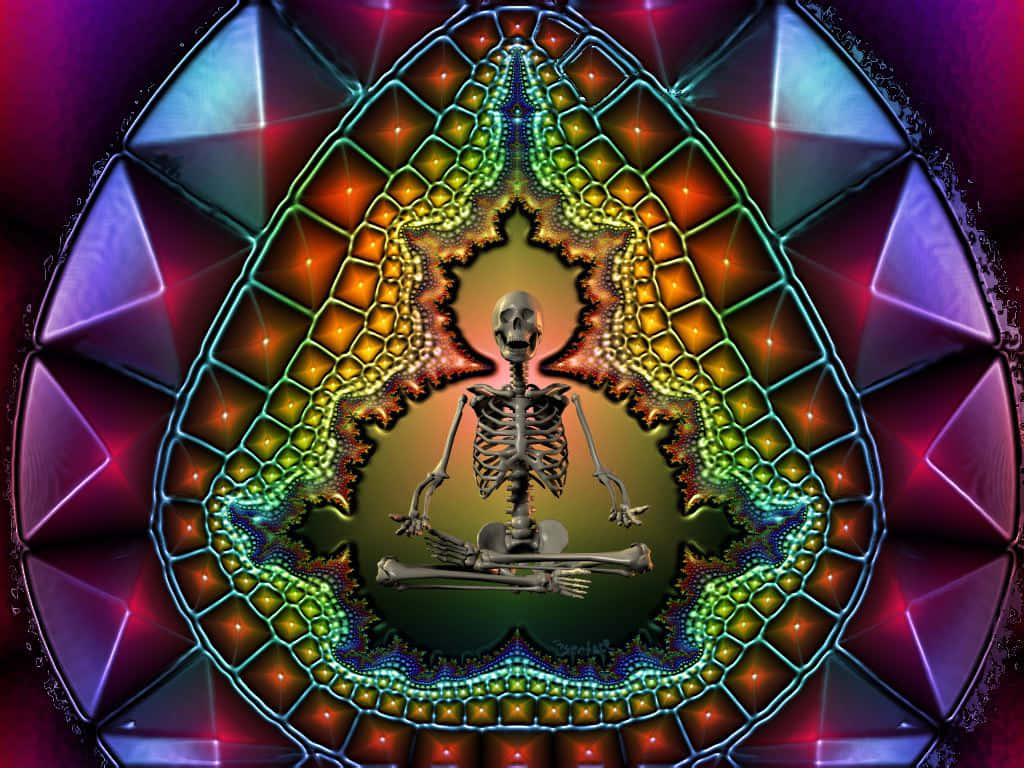 Visuals 桌布 壁紙 — 一個發光的骷髏在對稱的萬花筒曼陀羅中冥想，充滿霓虹色彩和幾何圖案。