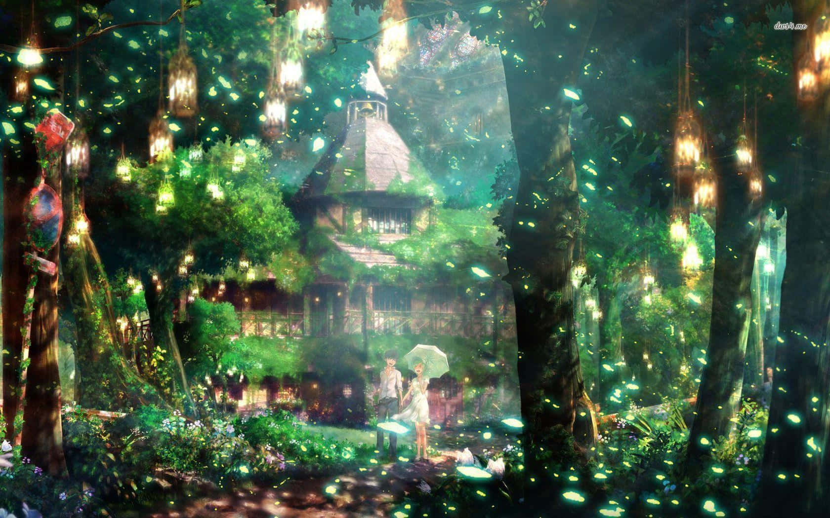 Anime Forest 桌布 壁紙 — 一個發光的魔法森林，有一對情侶在雨傘下，靠近一個被掛燈籠照亮的長滿苔蘚的樹屋。