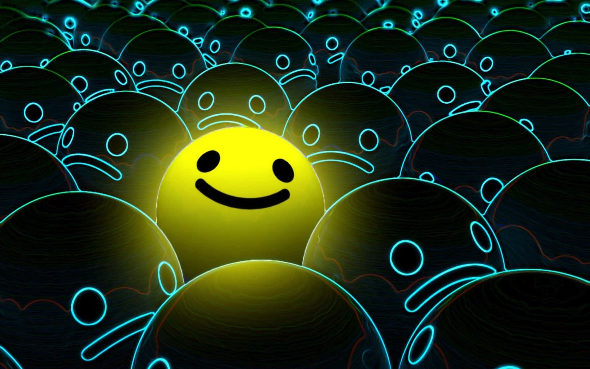 Smiley 桌布 壁紙 — 一個發光的黃色笑臉在深藍色輪廓的皺眉面孔中散發溫暖。