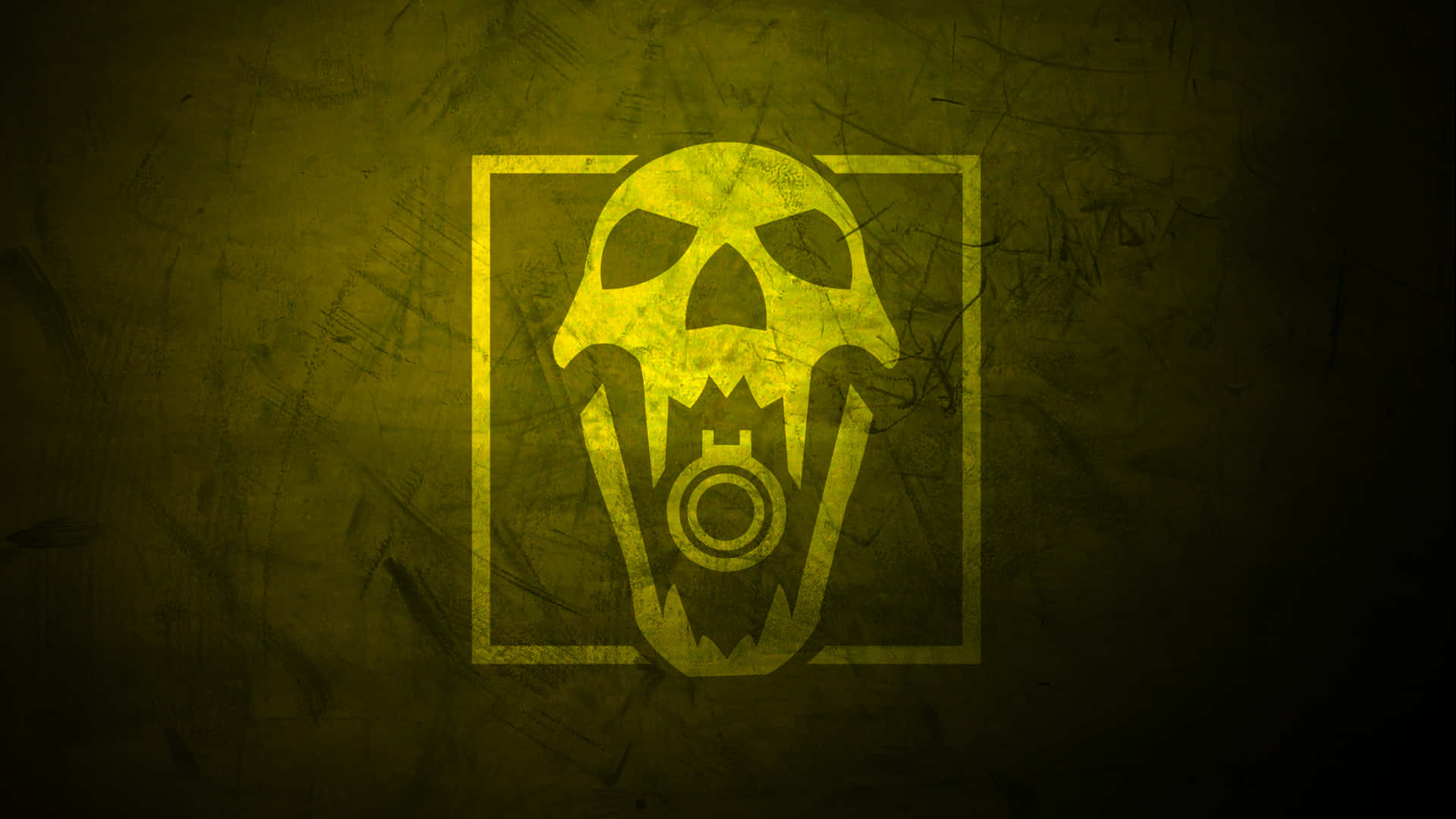 Rainbow Six Siege Blackbeard 桌布 壁紙 — 一個發光的黃色骷髏標誌，嘴裡有一個圓形細節，置於有紋理的深綠色背景上。