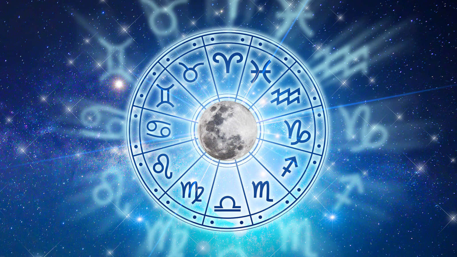 星座 桌布 壁紙 — 一個發光的黃道輪，中心有月亮，在星光閃爍的宇宙藍色背景上散發光芒。