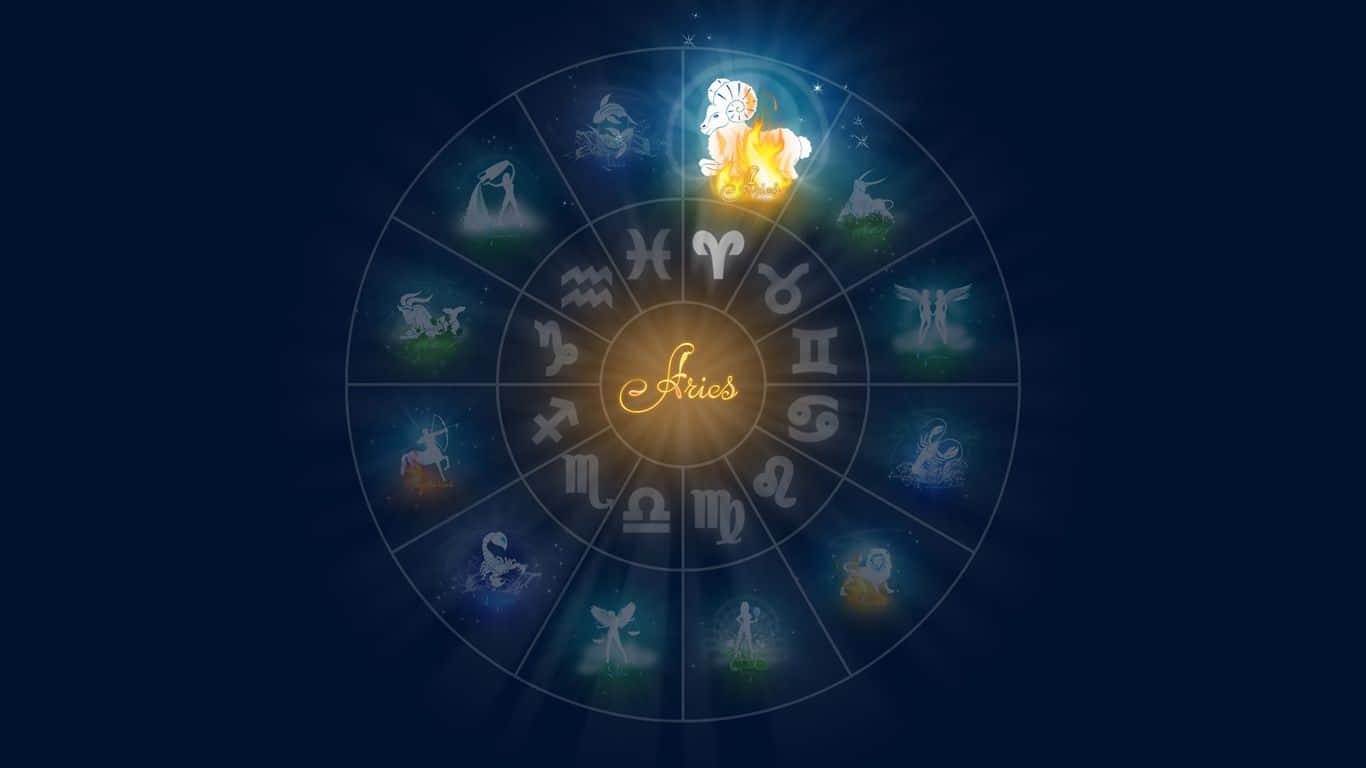白羊座 桌布 壁紙 — 一個發光的黃道輪盤，白羊座在黑暗的宇宙背景下以金色光芒突出顯示。