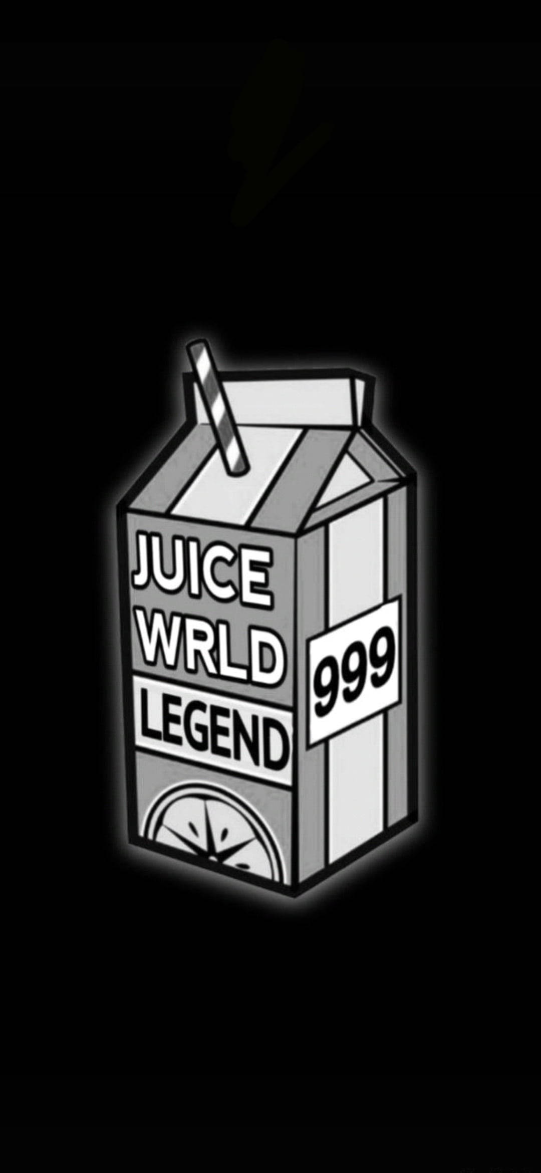 黑白 桌布 壁紙 — 一個發光的黑白卡通果汁盒，上面標有Juice WRLD Legend，附有吸管，背景為深色。