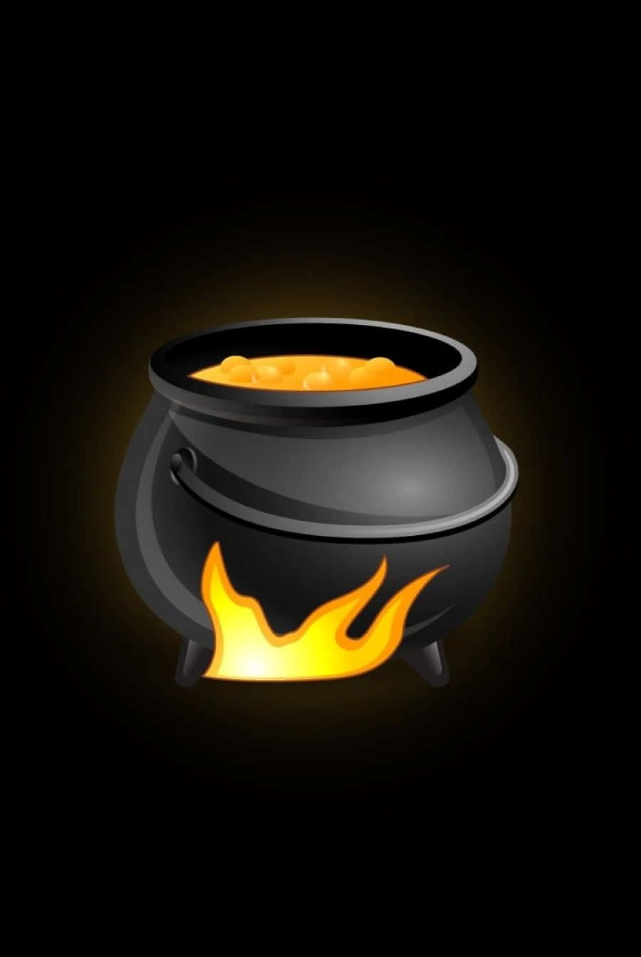 cauldron 桌布 壁紙 — 一個發光的黑色大鍋，裡面有冒泡的橙色藥水，放在黑暗背景上的火焰之上。
