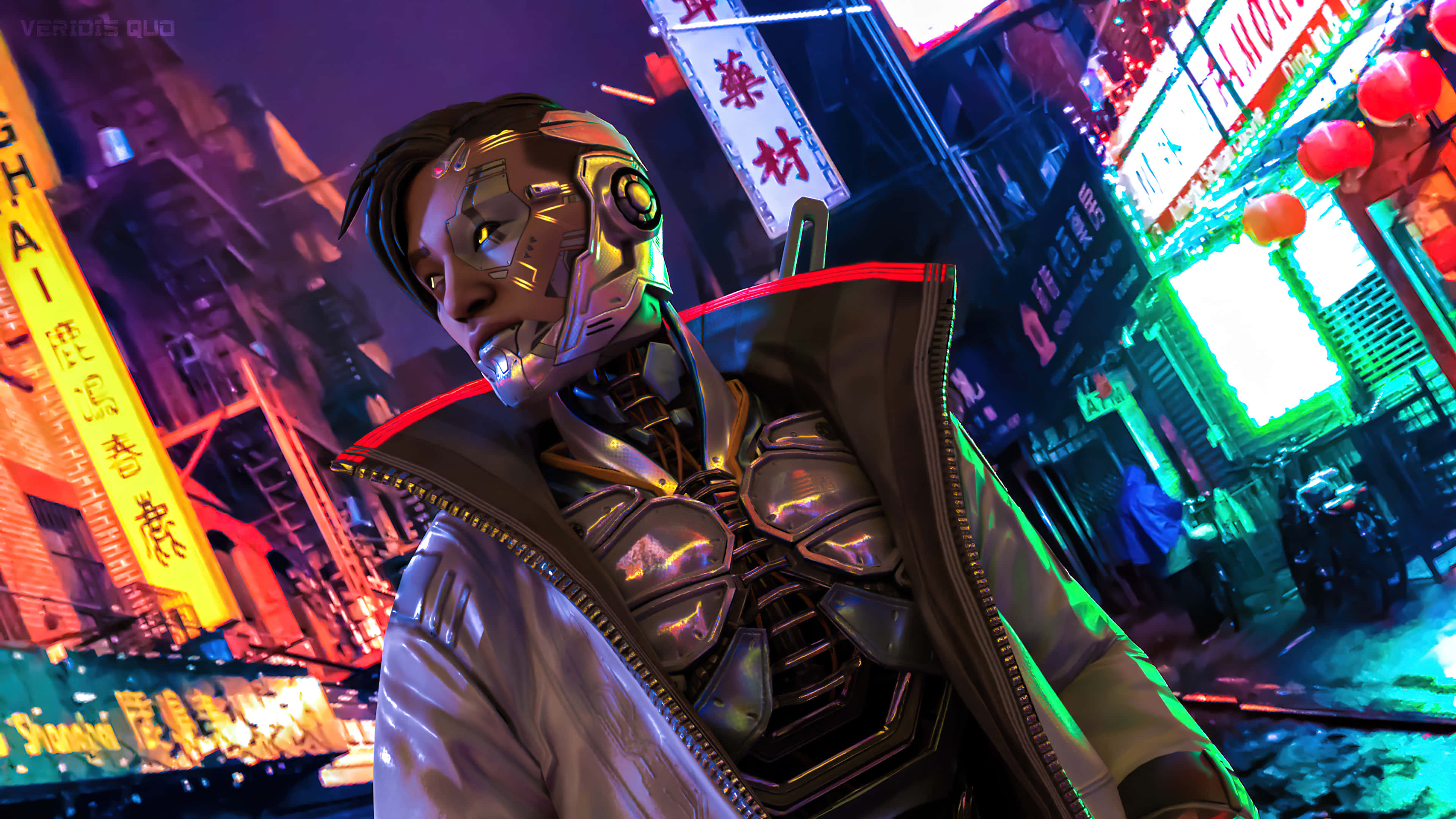 Apex Legends Characters 桌布 壁紙 — 一個發光眼睛的生化人站在夜晚被霓虹燈淹沒的未來城市小巷中。