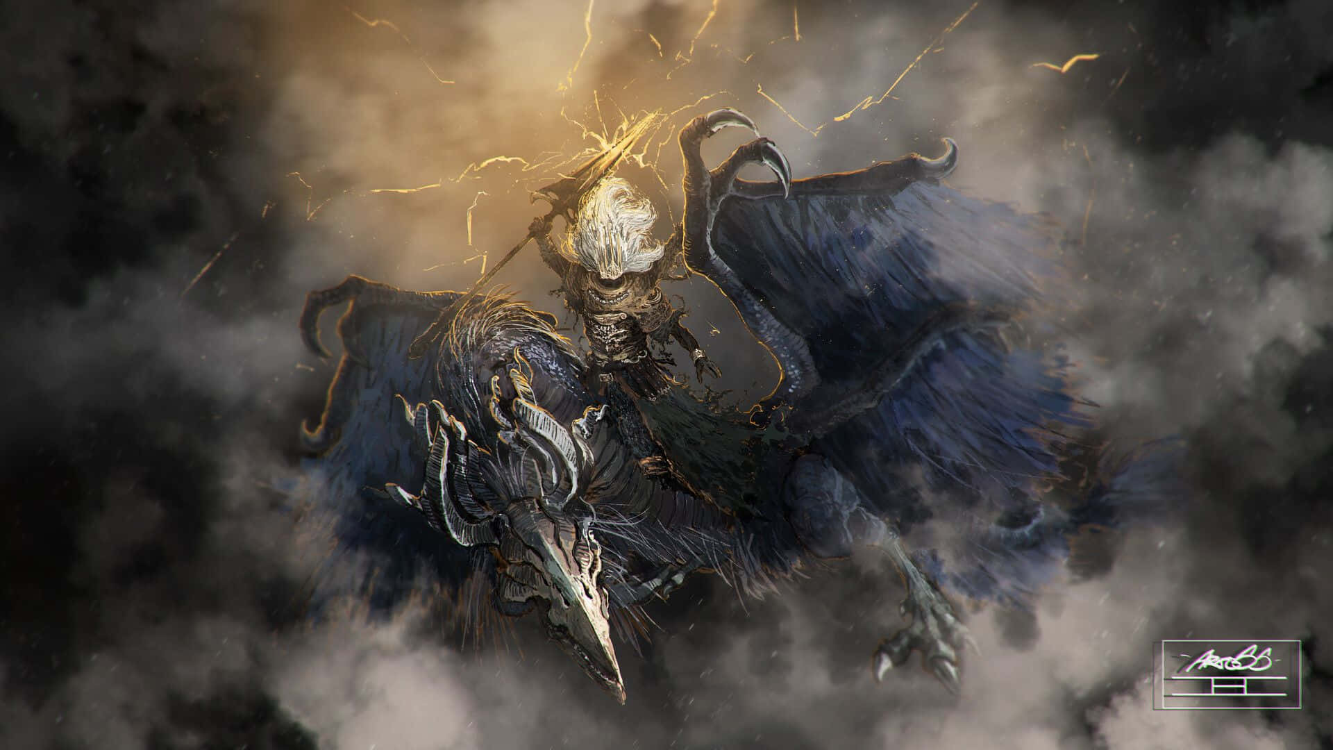 Nameless King 桌布 壁紙 — 一個發光眼睛的骷髏戰士騎著一隻黑暗的烏鴉穿過暴風雲，閃電在他們周圍噼啪作響。