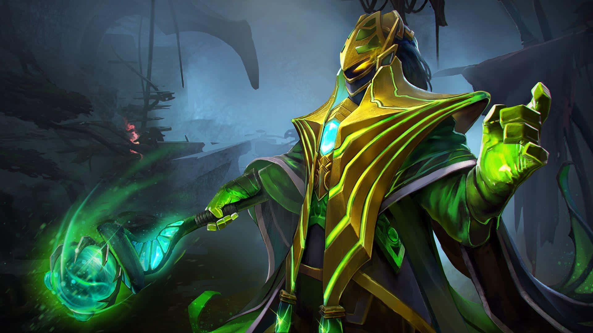 Rubick 桌布 壁紙 — 一個發光綠色裝甲戰士戴著金色面具，在黑暗神秘洞穴中揮舞魔法杖。