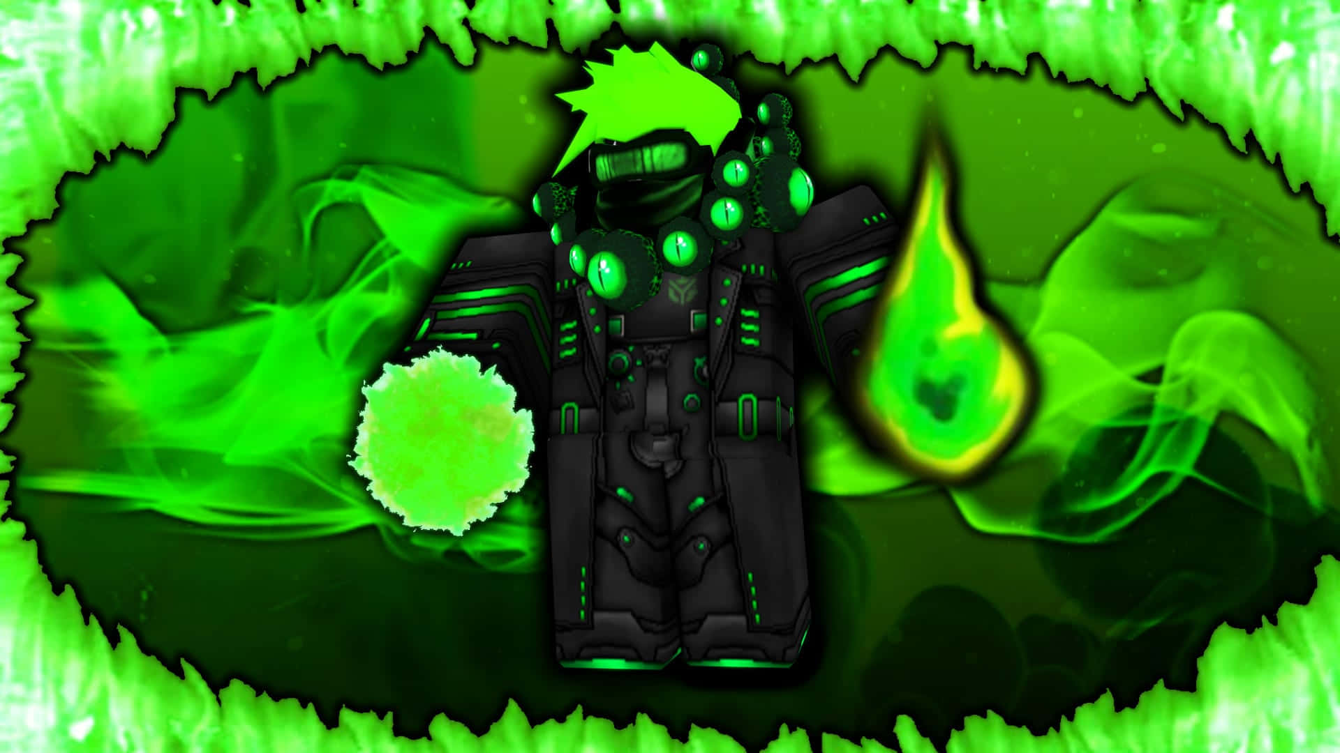 Roblox Gfx 桌布 壁紙 — 一個發光綠色裝甲的Roblox角色站在旋轉的霓虹綠色能量中，周圍有漂浮的球體和火焰。
