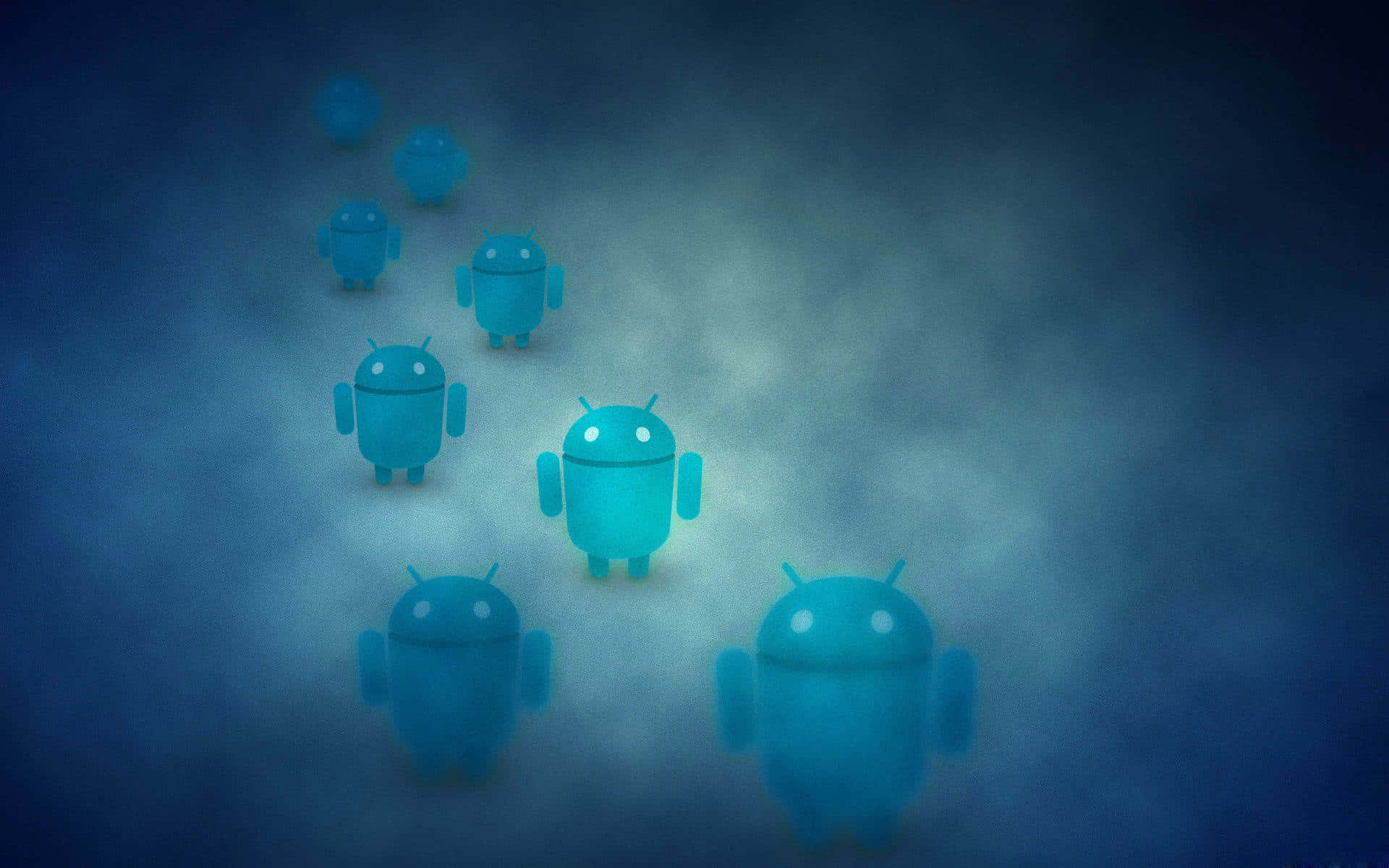 平板電腦 桌布 壁紙 — 一個發光藍色Android機械人圖標帶領著隊伍穿過霧氣瀰漫的數位虛空，在冷藍色燈光下。