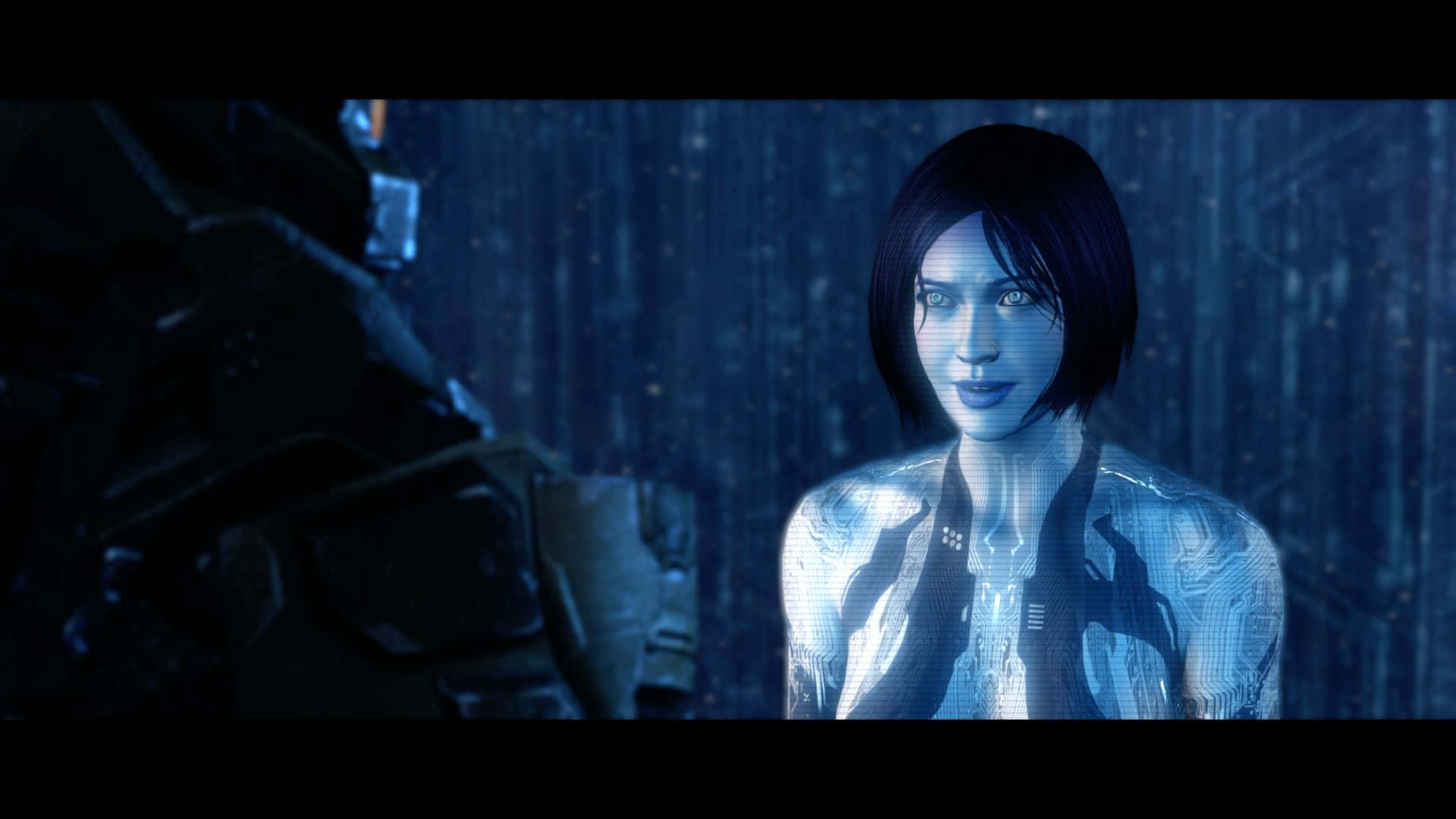 Halo Cortana 桌布 壁紙 — 一個發光藍色全息短黑髮女子站在雨中的賽博朋克小巷，旁邊有一個裝甲人物。