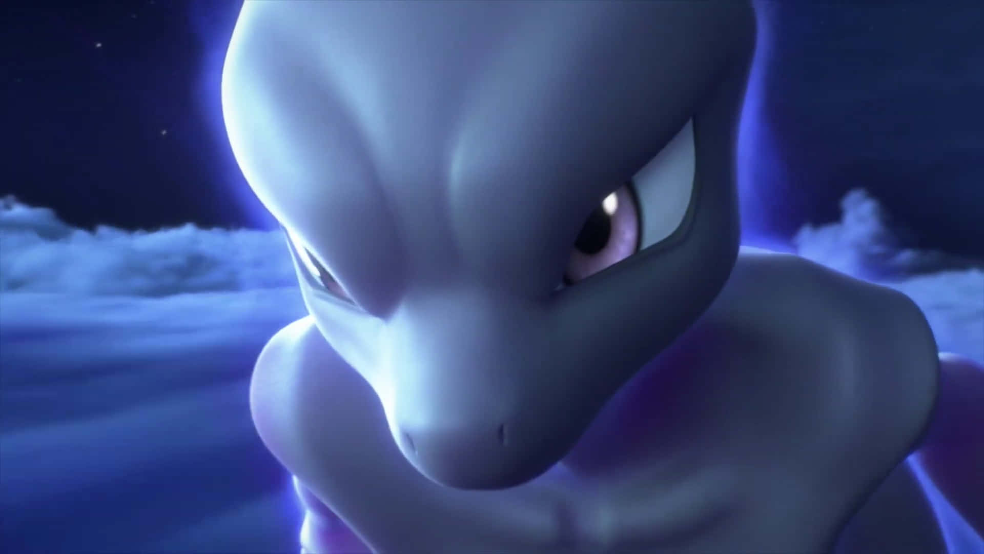 Pokemon Movies 桌布 壁紙 — 一個發光藍色外星生物的特寫，擁有強烈的眼睛，背景是繁星點點的夜空。
