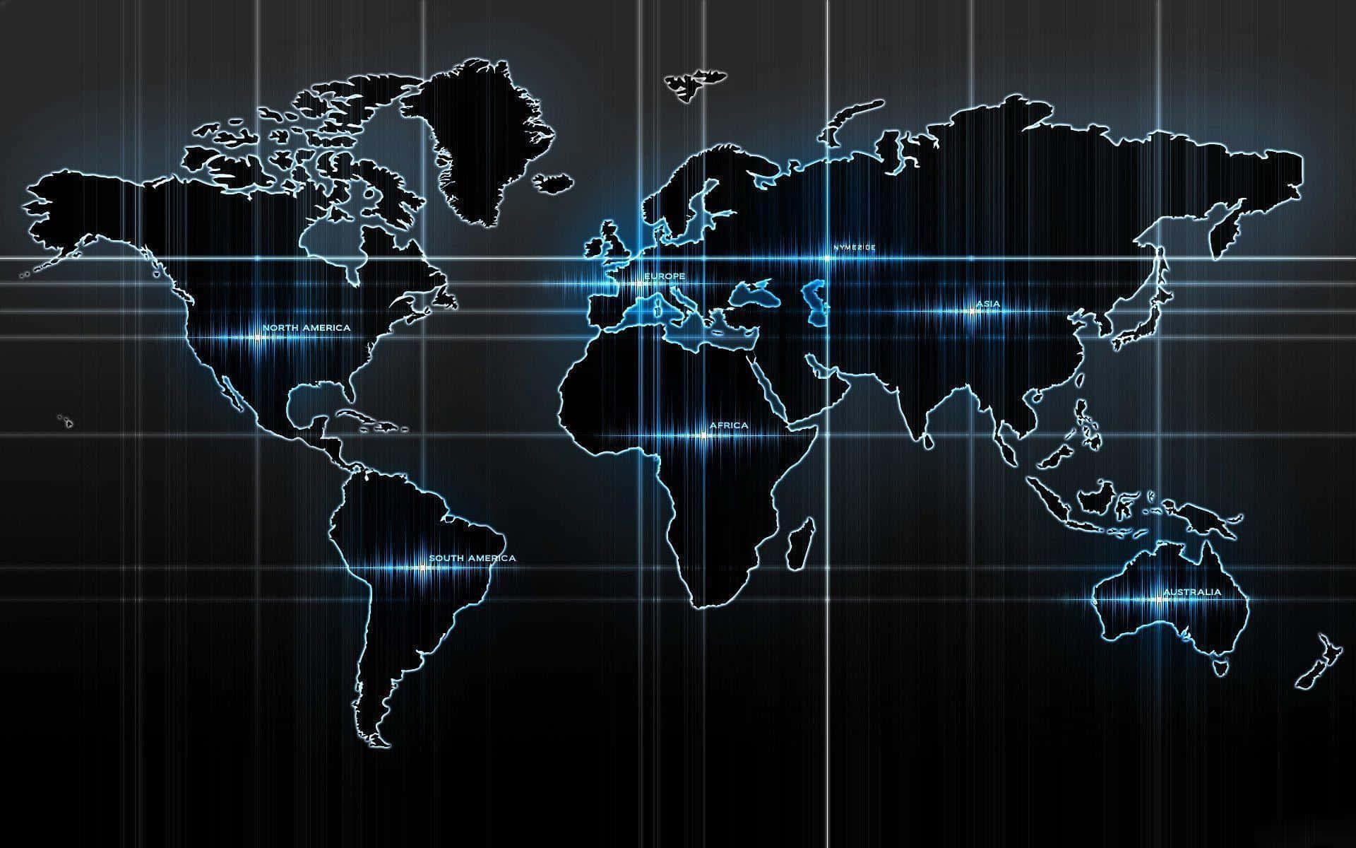 Global 桌布 壁紙 — 一個發光藍色數位世界地圖，帶有網格線和標記的大陸，背景為深色。