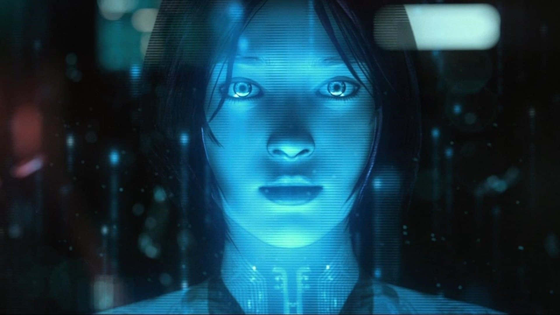 Halo Cortana 桌布 壁紙 — 一個發光藍色數位人形面孔，帶有網絡電子細節，在黑暗的未來設定中透過像素化介面凝視前方。