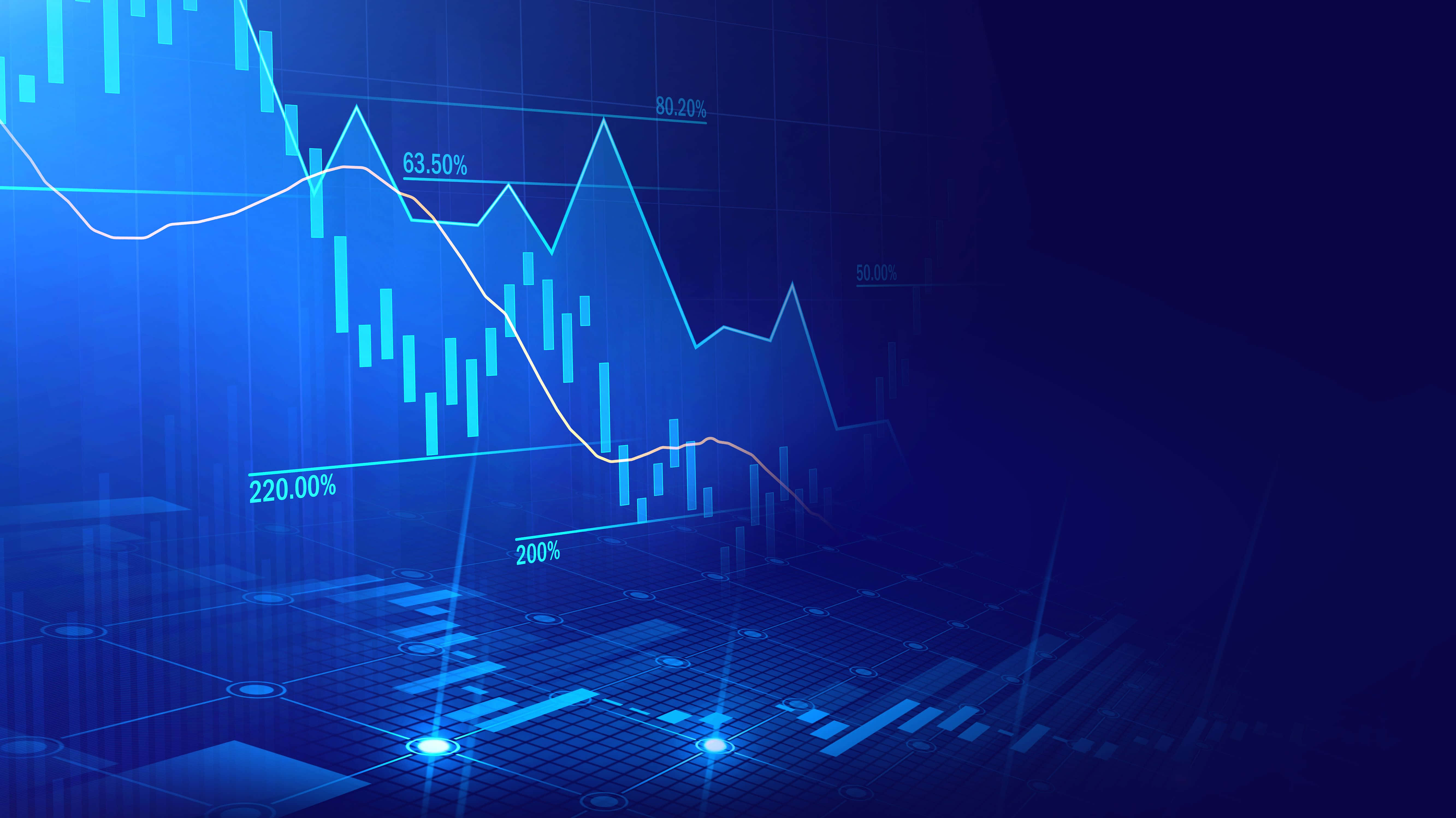 Forex 桌布 壁紙 — 一個發光藍色數位股票圖表，帶有波動線條和百分比，漂浮在未來科技環境的網格地板上。