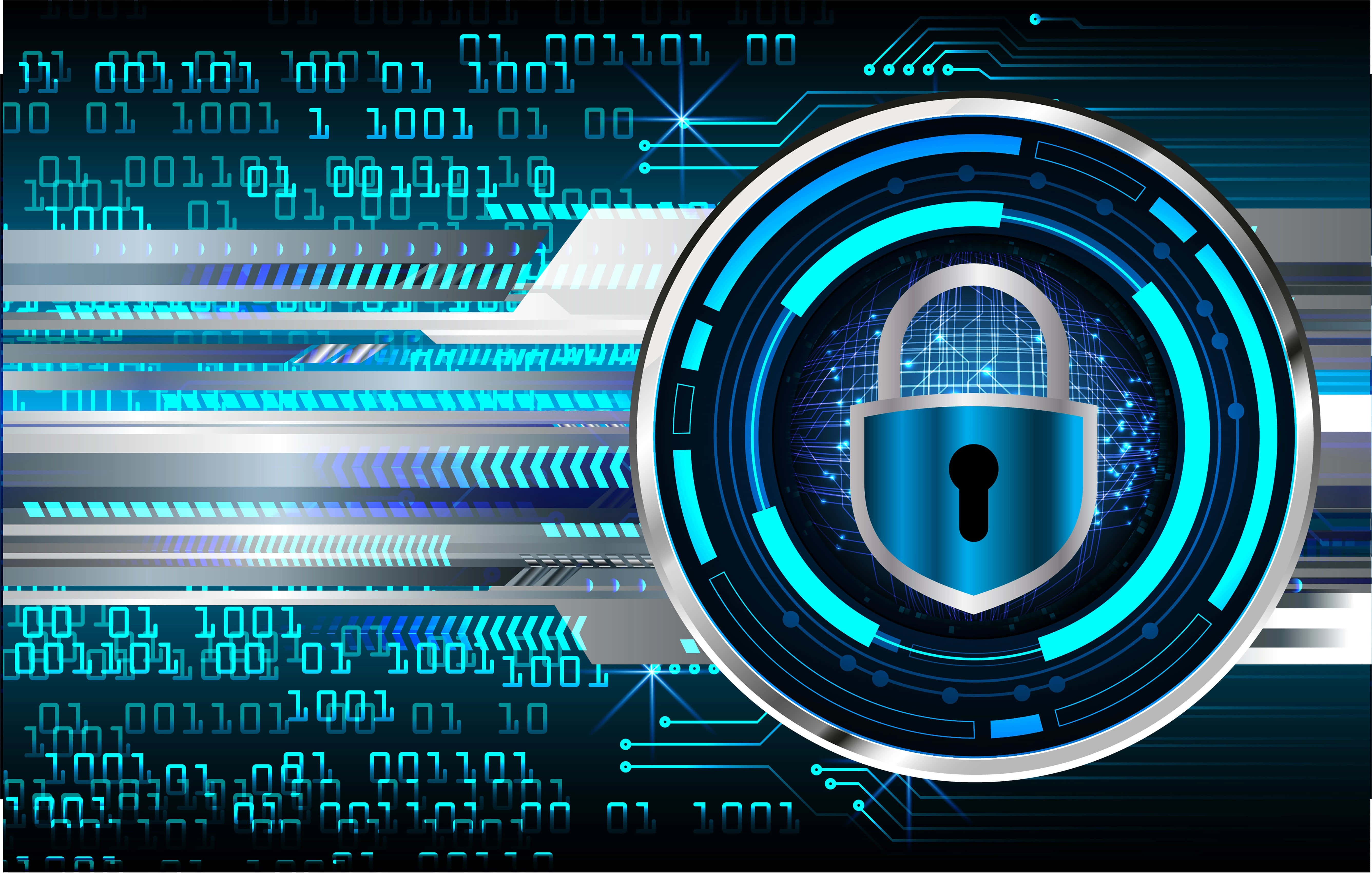 security 桌布 壁紙 — 一個發光藍色數碼掛鎖，置中於帶有流動二進制代碼的電路板背景上。