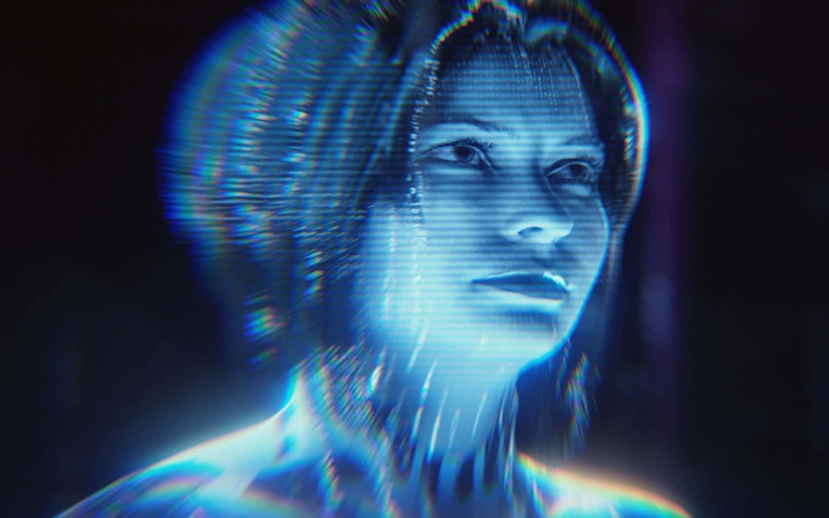 Halo Cortana 桌布 壁紙 — 一個發光藍色數碼肖像的女性，帶有像素化故障效果和彩虹色差，背景為深色。